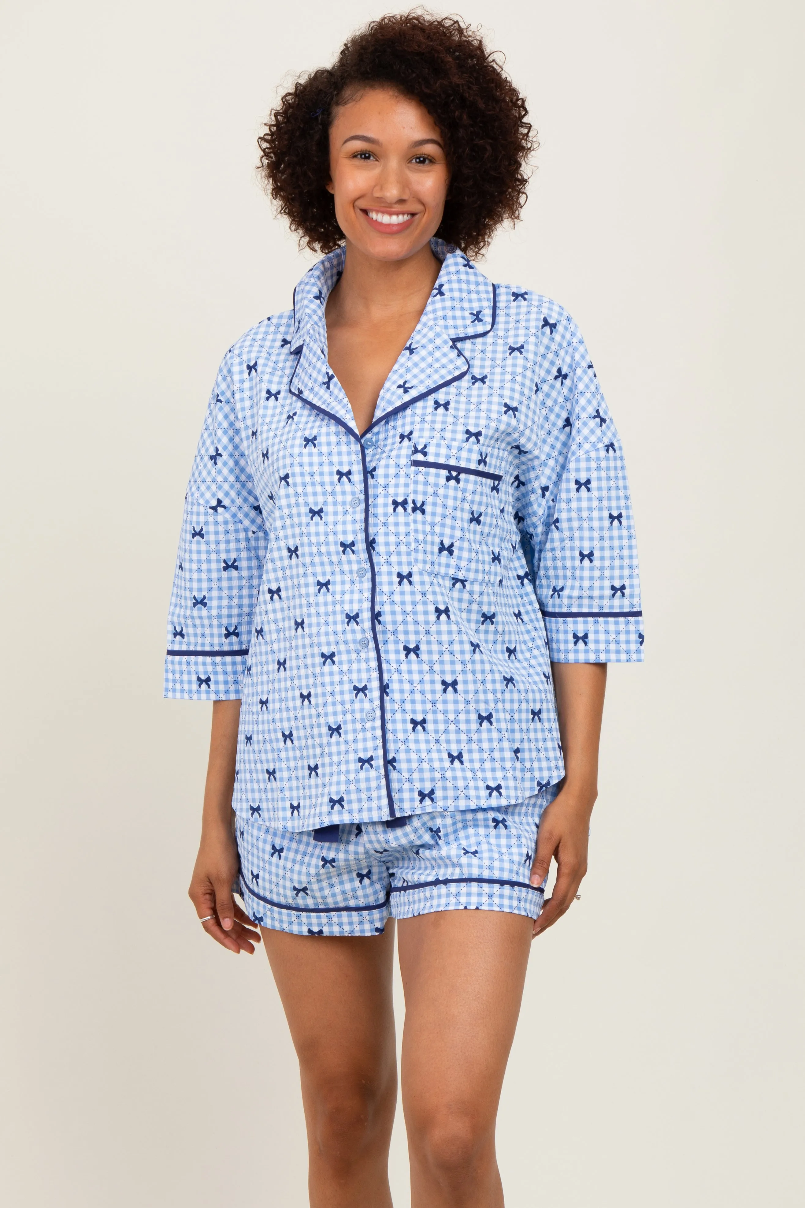 Light Blue Bow Print Gingham Pajama Short Set sold by Pinkblush