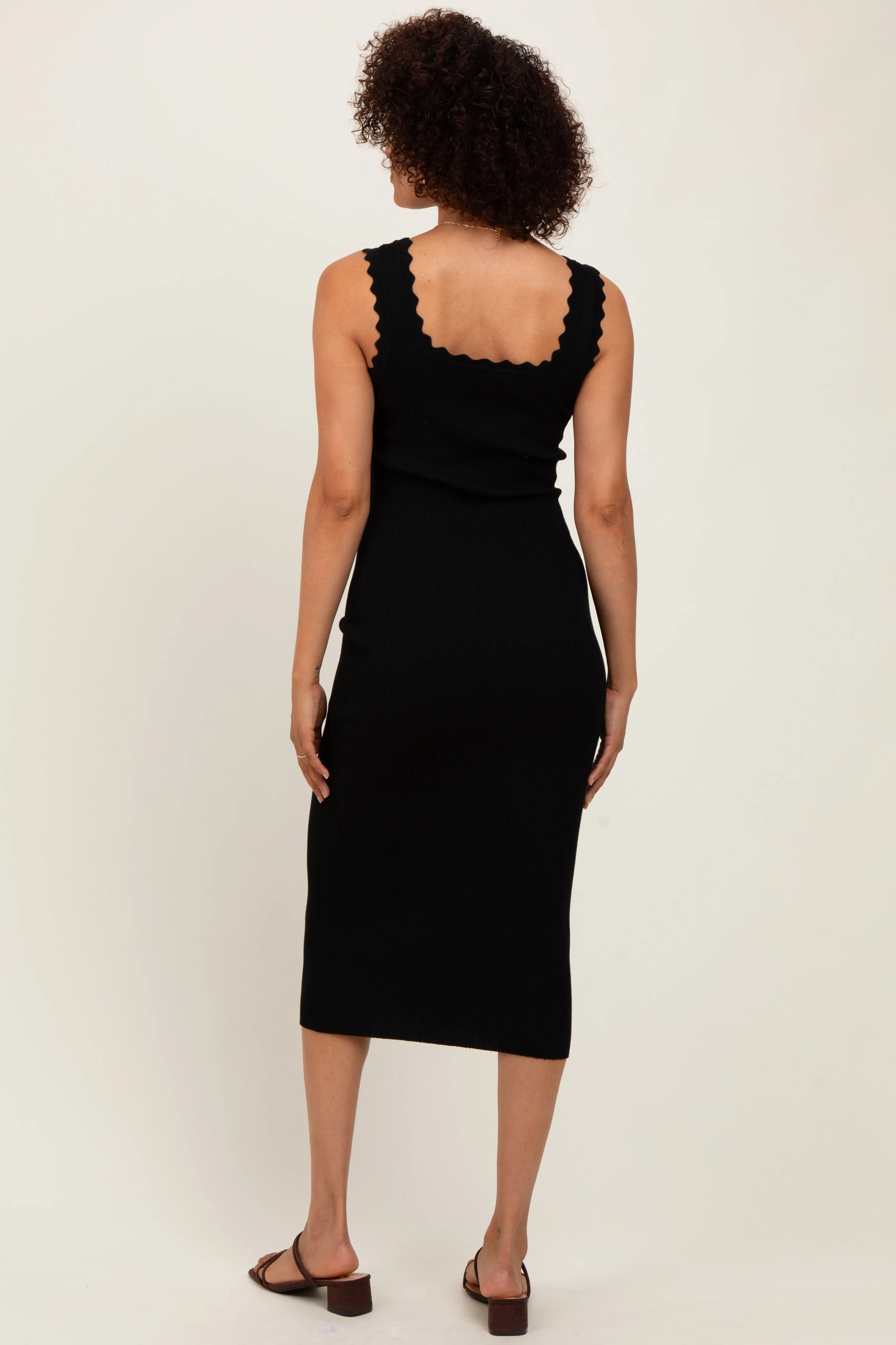Black Scallop Trim Ribbed Knit Sleeveless Midi Dress sold by Pinkblush product image thumbnail 4