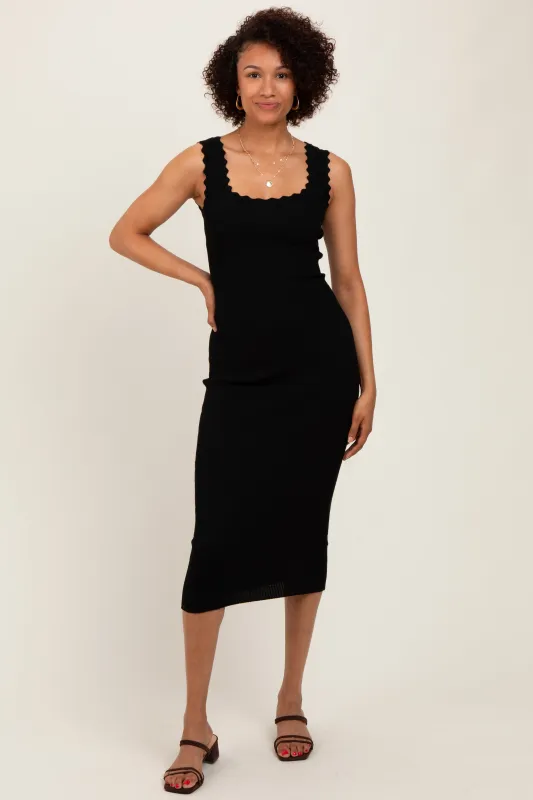 Black Scallop Trim Ribbed Knit Sleeveless Midi Dress sold by Pinkblush