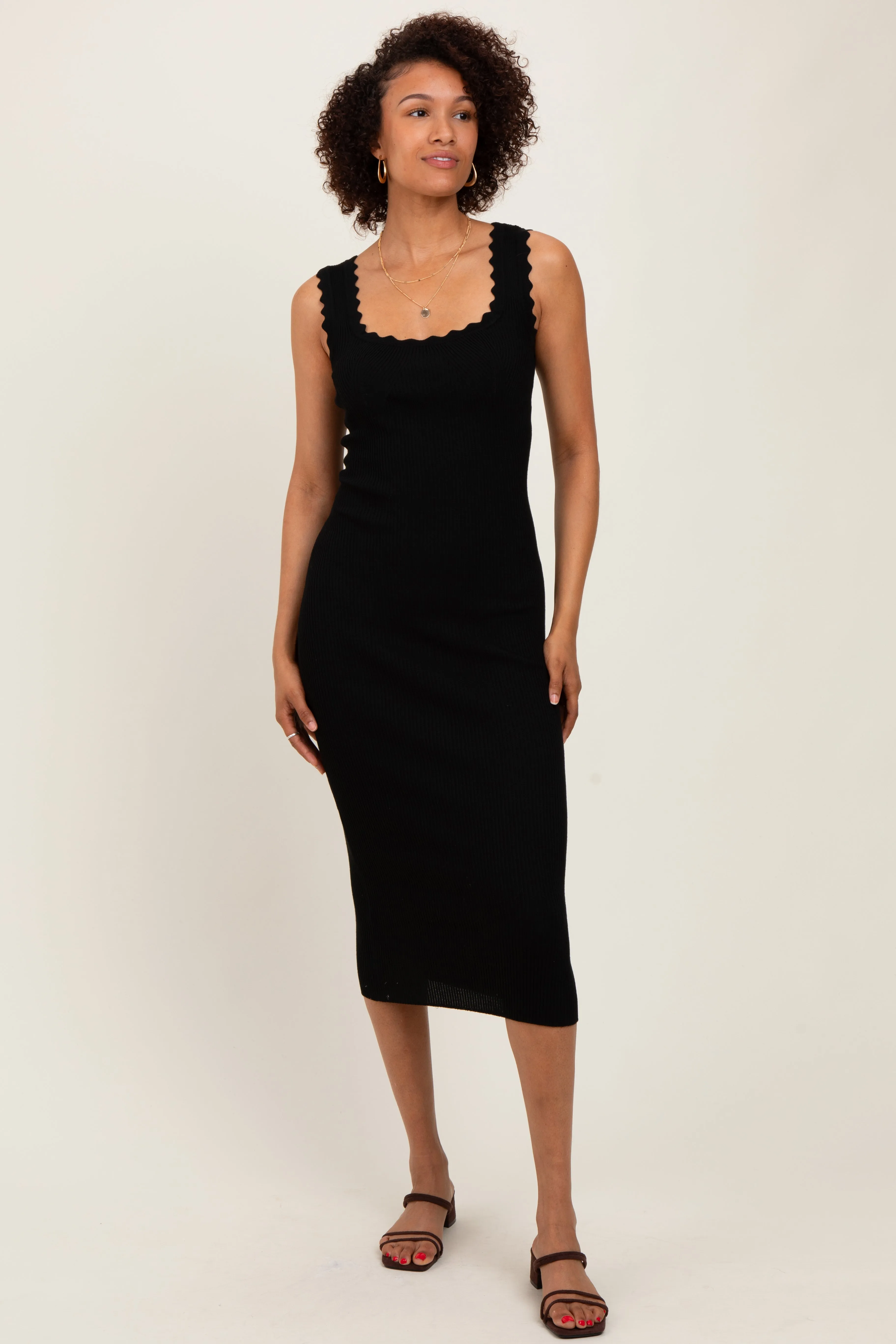 Black Scallop Trim Ribbed Knit Sleeveless Midi Dress sold by Pinkblush product image thumbnail 2