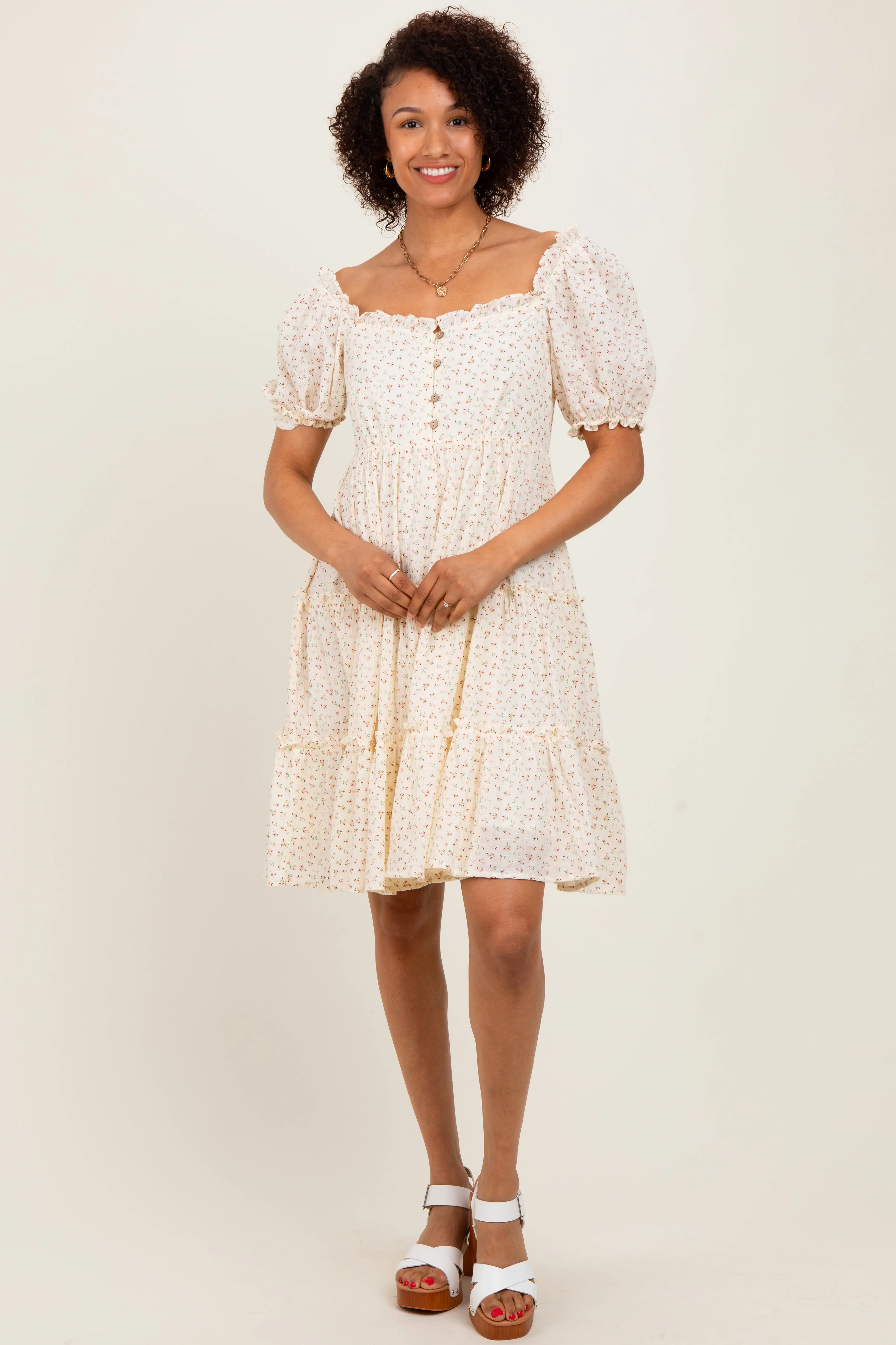 Cream Printed Button Up Ruffle Tiered Dress sold by Pinkblush