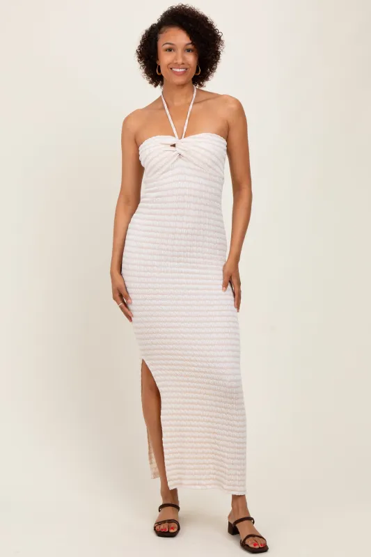 Beige Striped Halter Neck Fitted Maternity Maxi Dress sold by Pinkblush