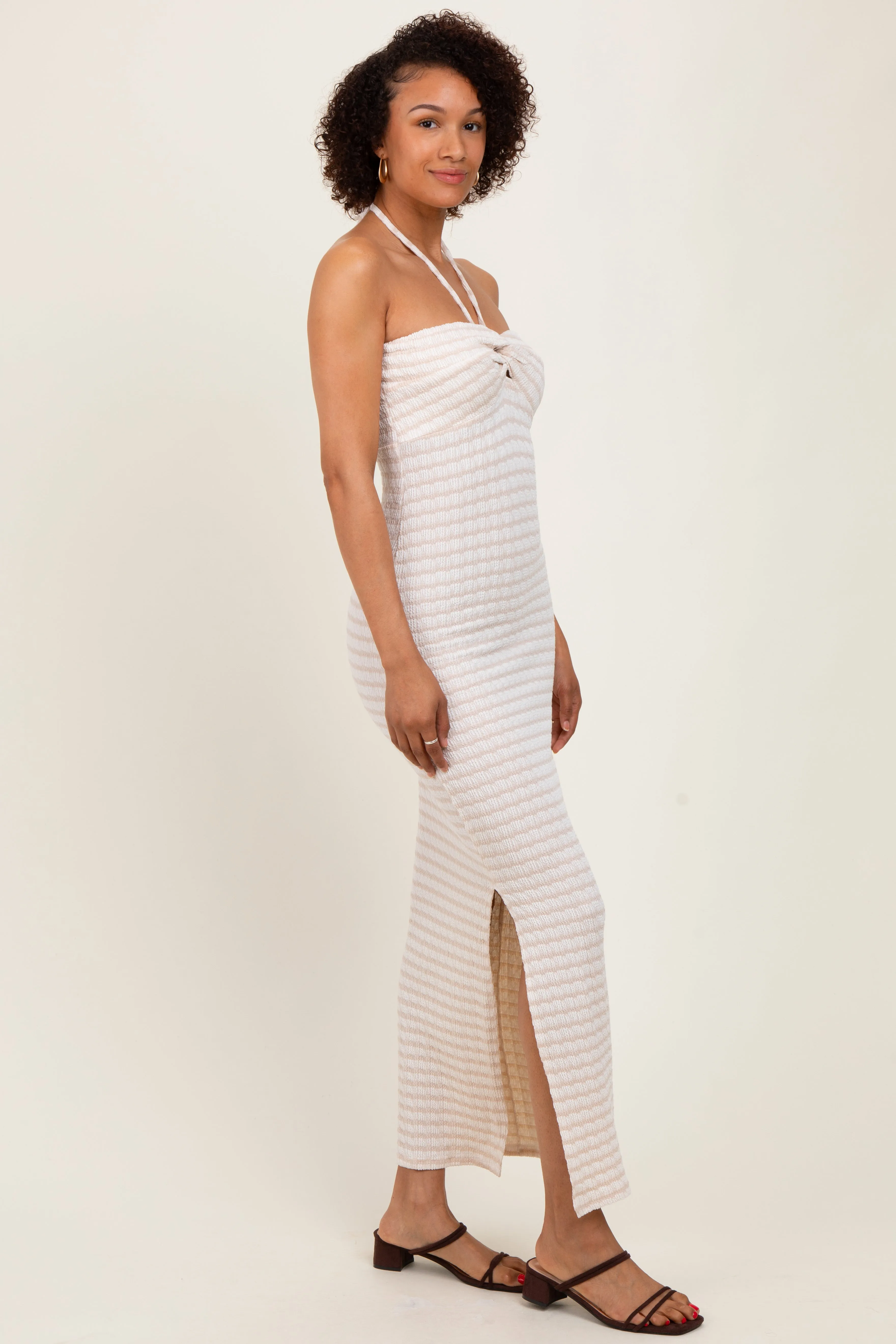 Beige Striped Halter Neck Fitted Maternity Maxi Dress sold by Pinkblush product image thumbnail 3