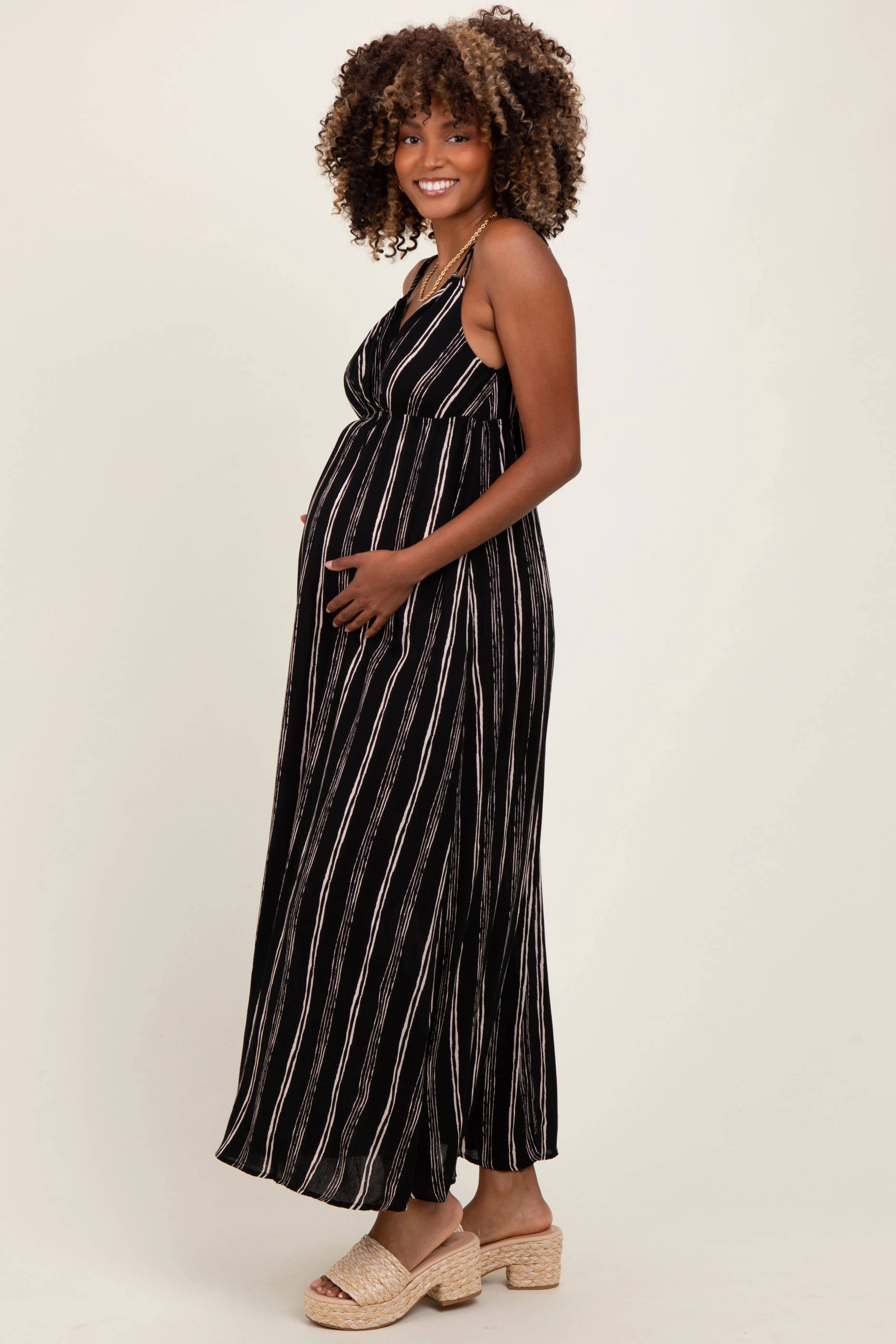 Black Striped Double Strap V-Neck Maternity Maxi Dress sold by Pinkblush product image thumbnail 3