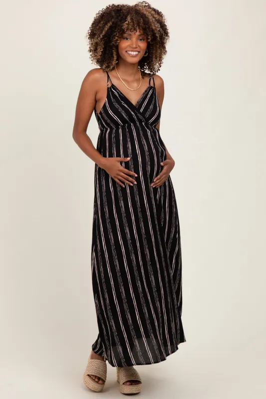 Black Striped Double Strap V-Neck Maternity Maxi Dress sold by Pinkblush