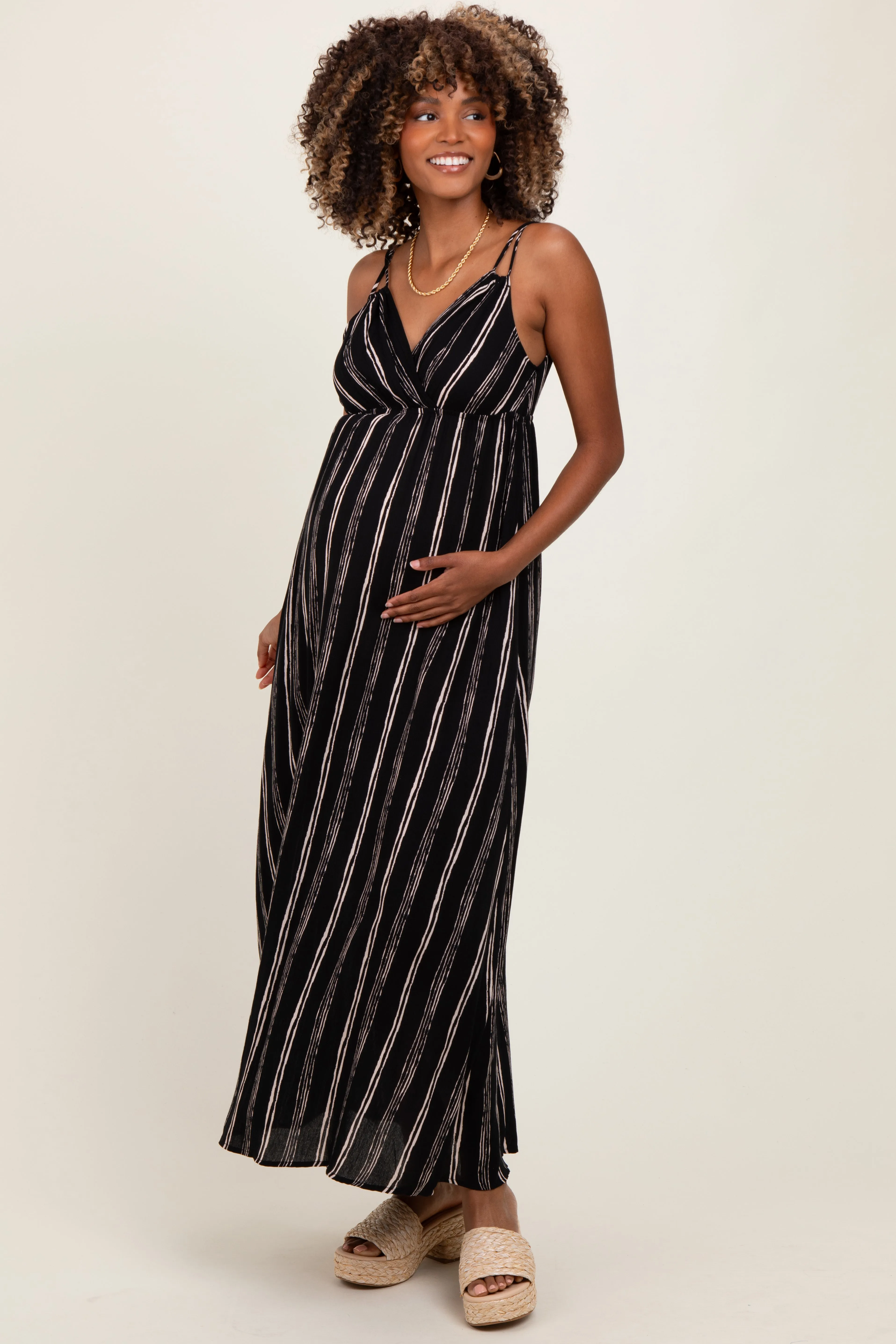 Black Striped Double Strap V-Neck Maternity Maxi Dress sold by Pinkblush product image thumbnail 2