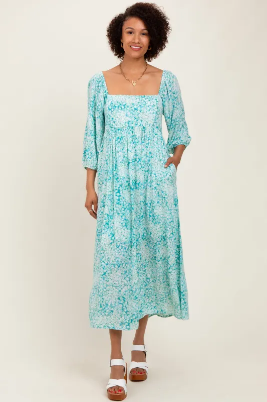 Green Floral Square Neck 3/4 Sleeve Maxi Dress sold by Pinkblush