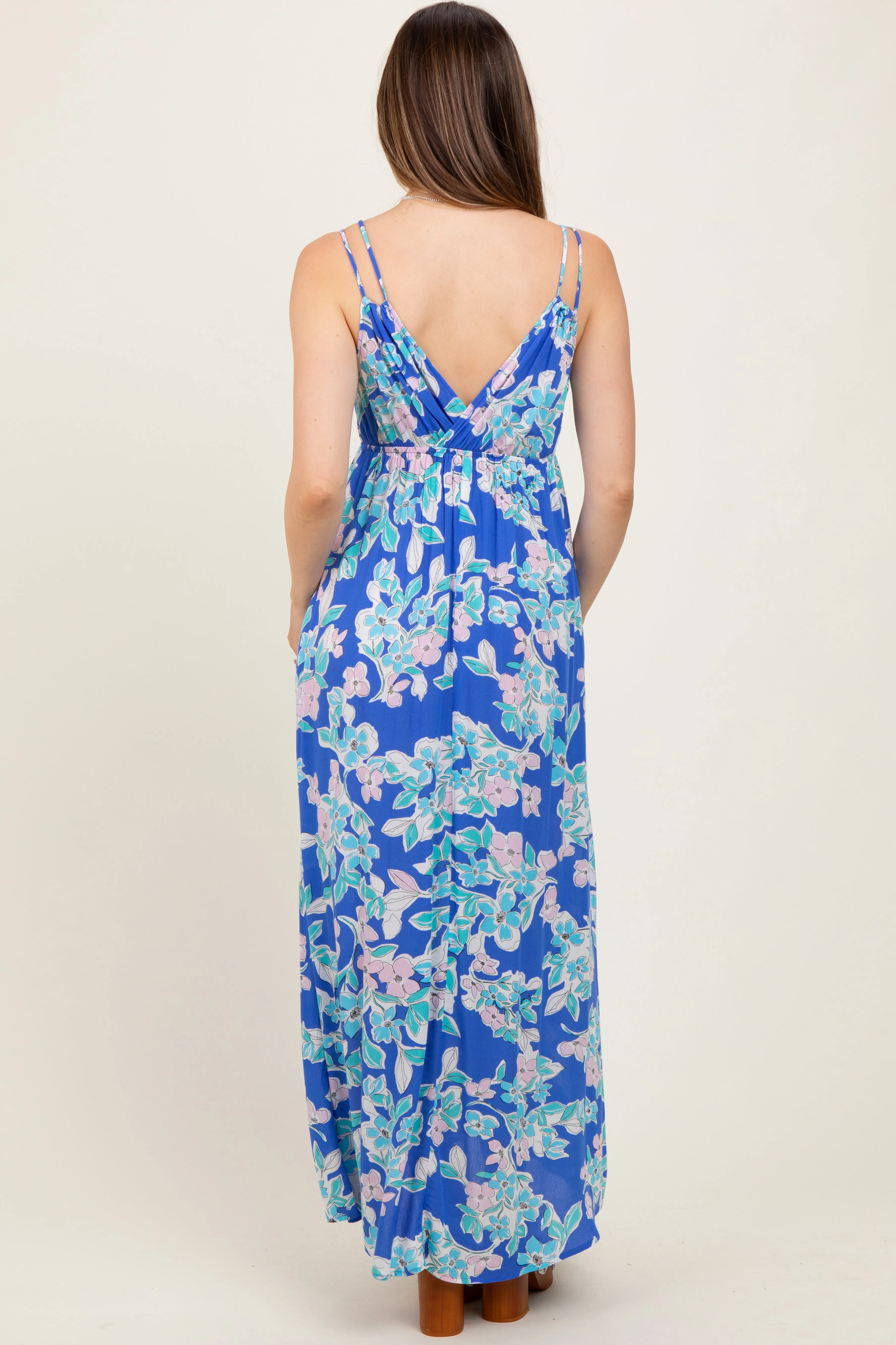 Blue Floral V-Neck Double Strap Maternity Maxi Dress sold by Pinkblush product image thumbnail 4