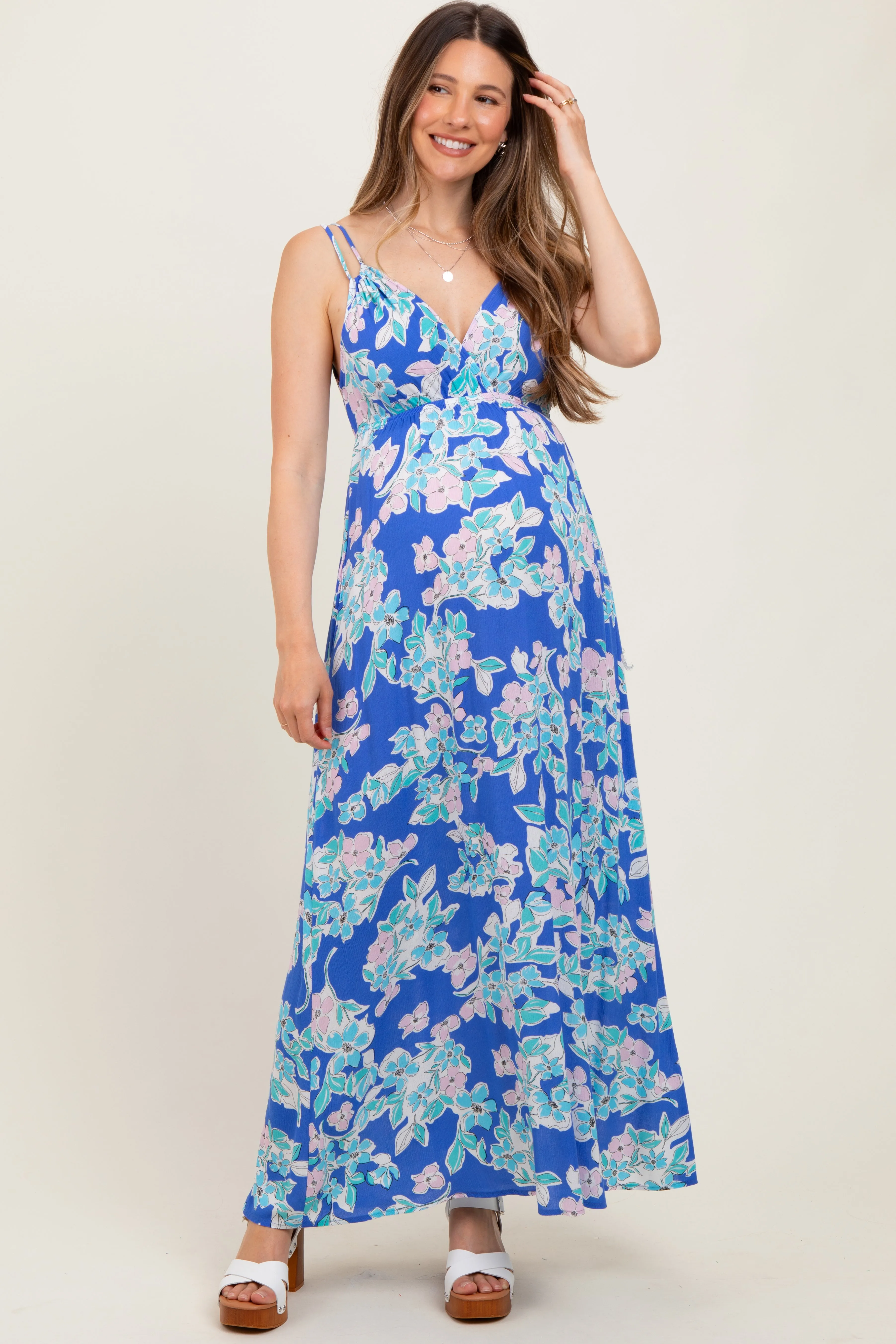 Blue Floral V-Neck Double Strap Maternity Maxi Dress sold by Pinkblush