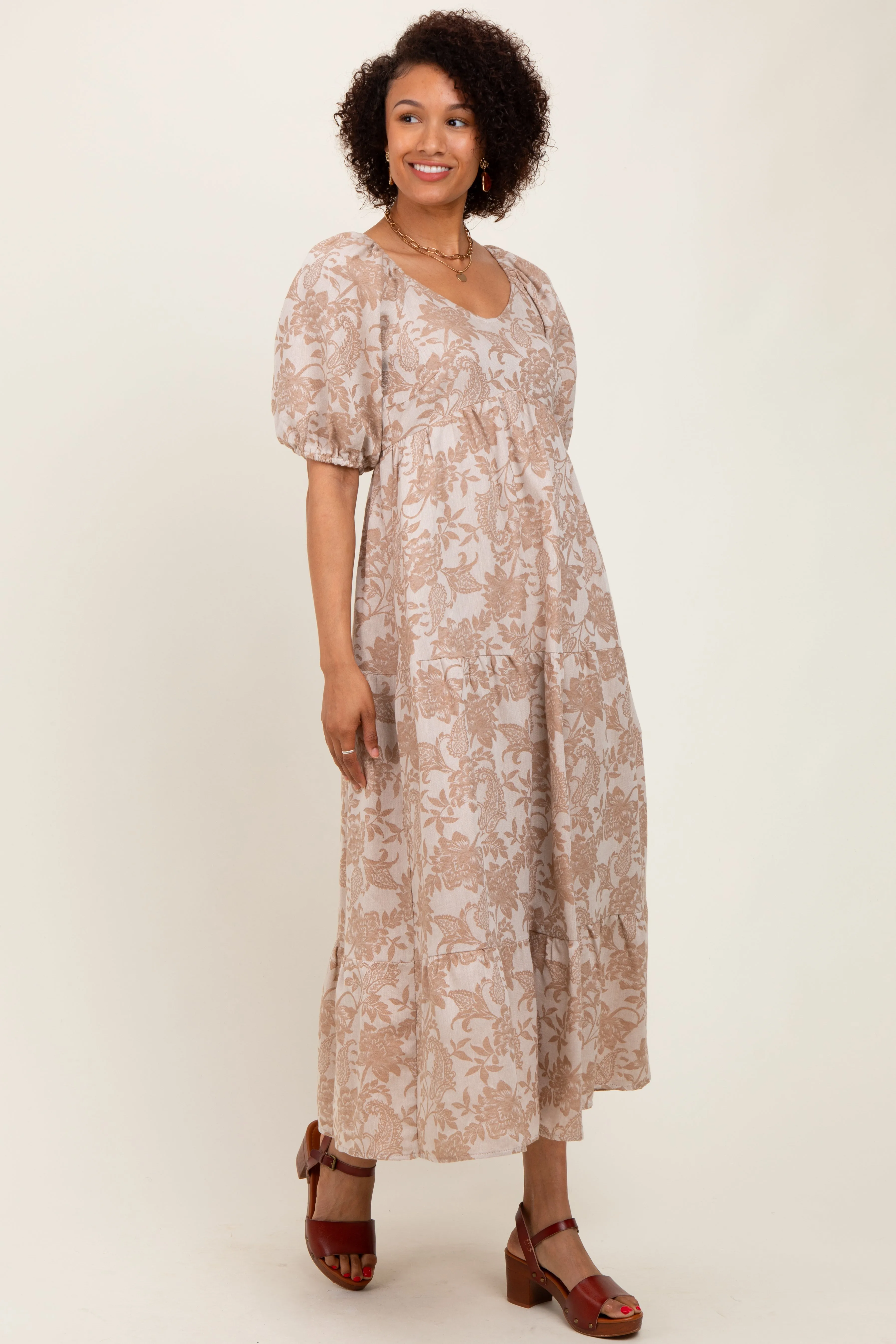 Camel Floral Tiered Puff Sleeve Midi Dress sold by Pinkblush product image thumbnail 3