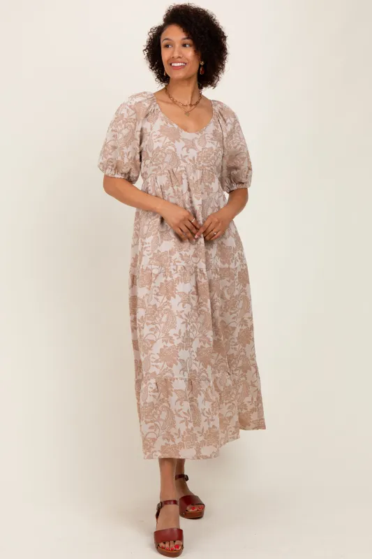 Camel Floral Tiered Puff Sleeve Midi Dress sold by Pinkblush