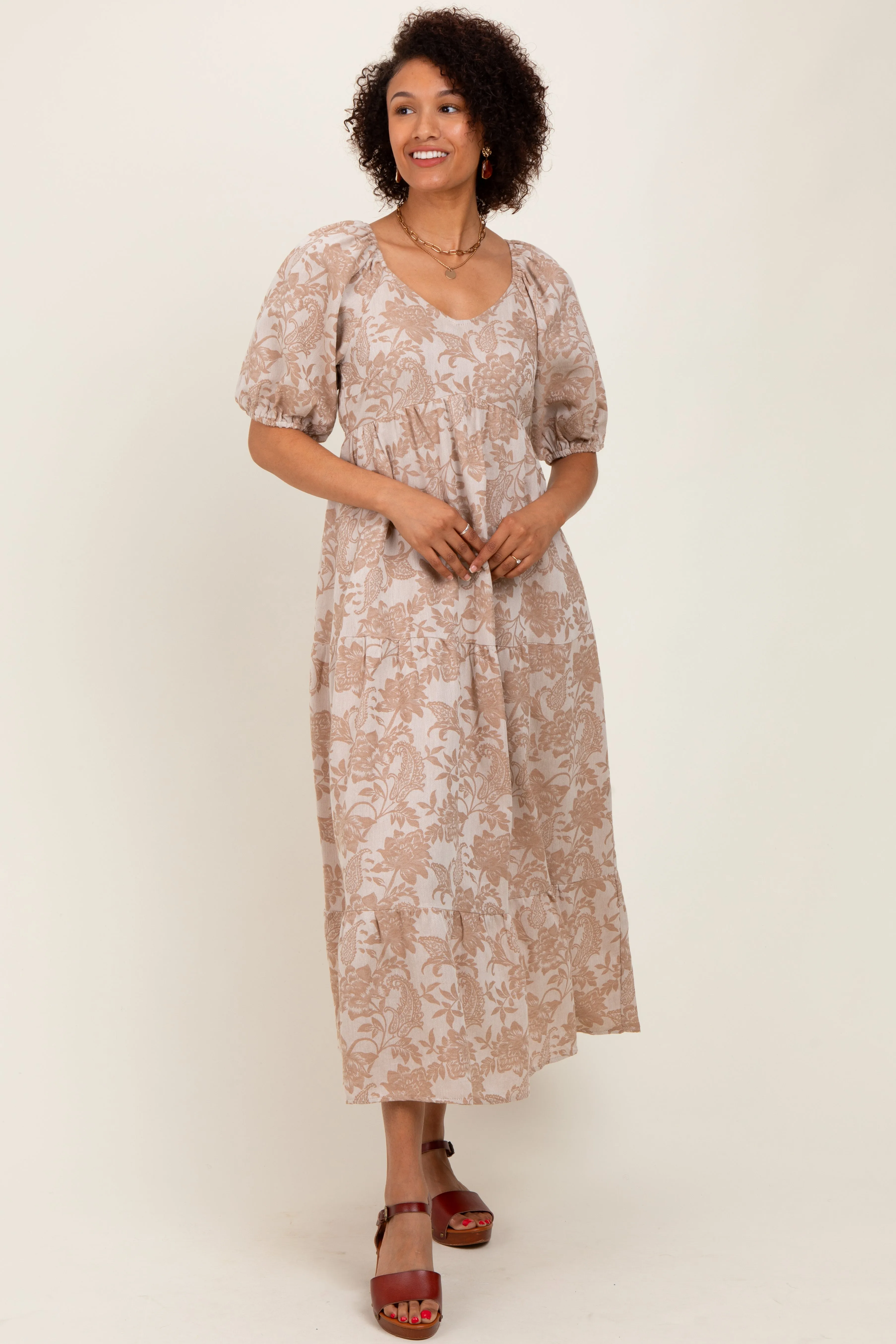 Camel Floral Tiered Puff Sleeve Midi Dress sold by Pinkblush