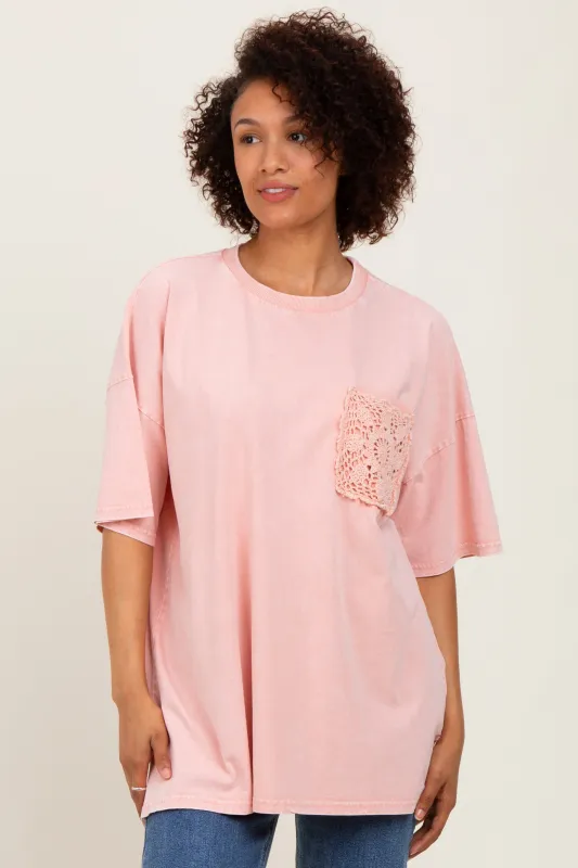Light Pink Mineral Wash Crochet Pocket Top sold by Pinkblush