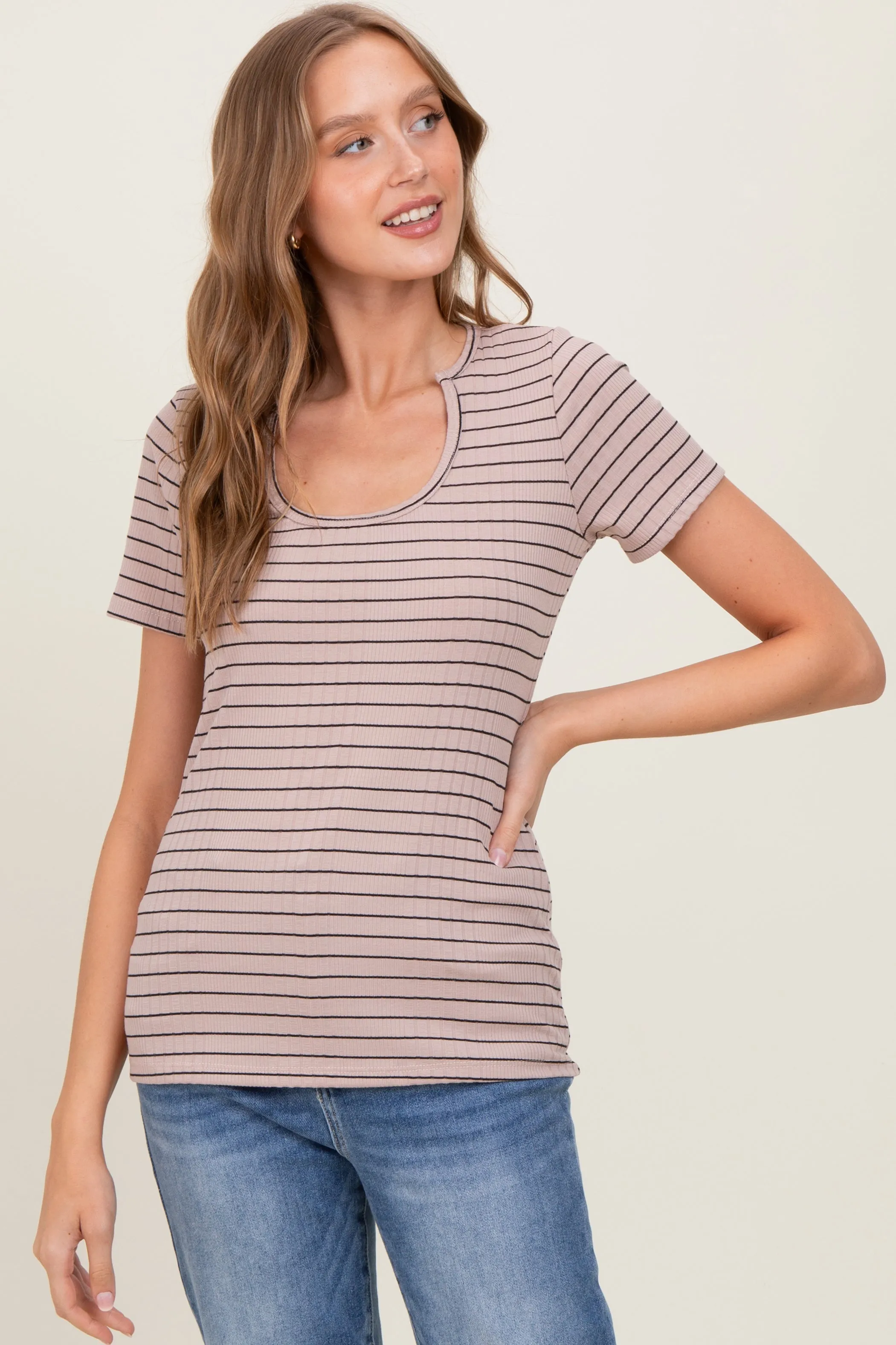 Mocha Ribbed Striped Short Sleeve Maternity Top sold by Pinkblush product image thumbnail 5