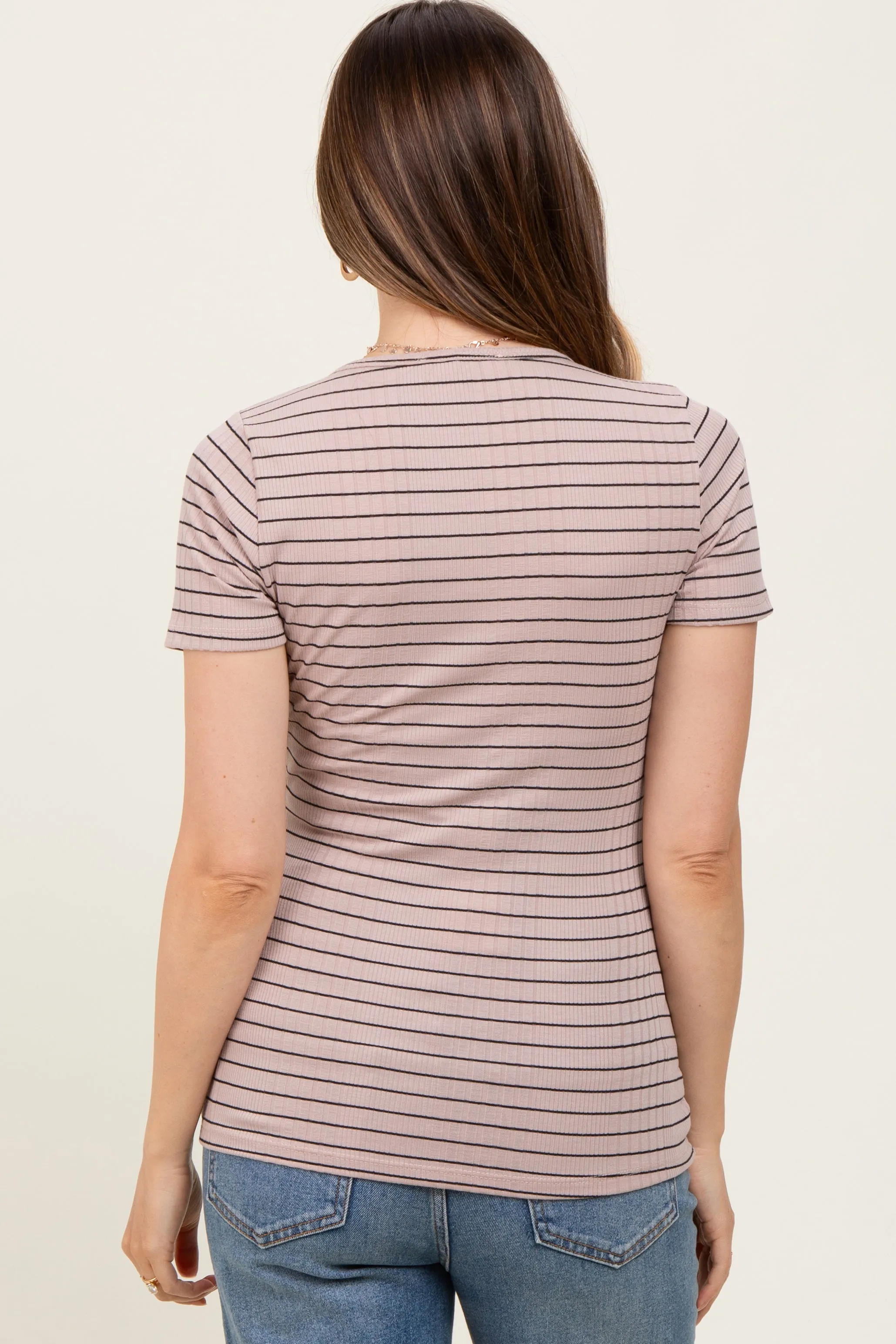 Mocha Ribbed Striped Short Sleeve Maternity Top sold by Pinkblush product image thumbnail 4