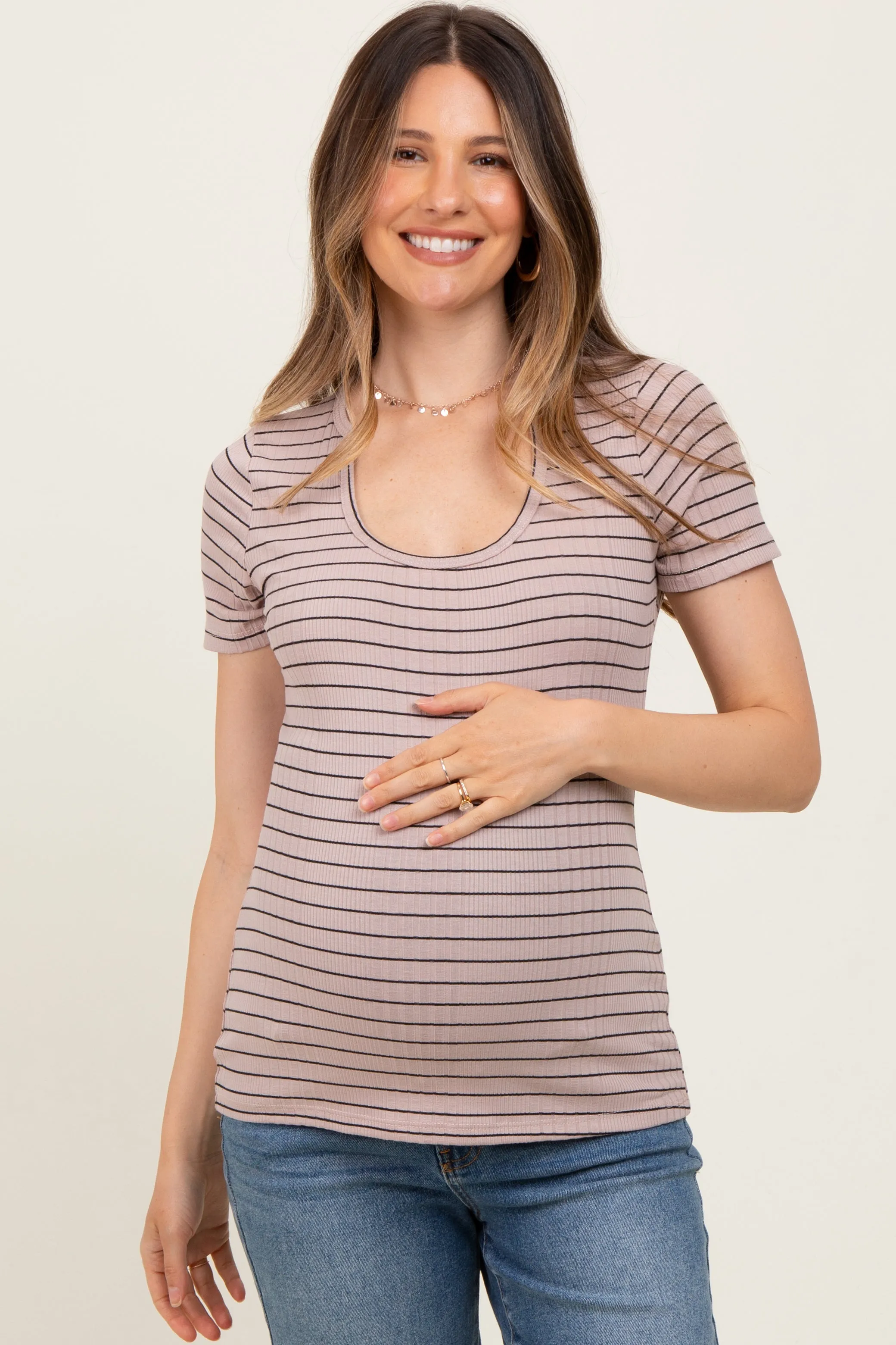 Mocha Ribbed Striped Short Sleeve Maternity Top sold by Pinkblush