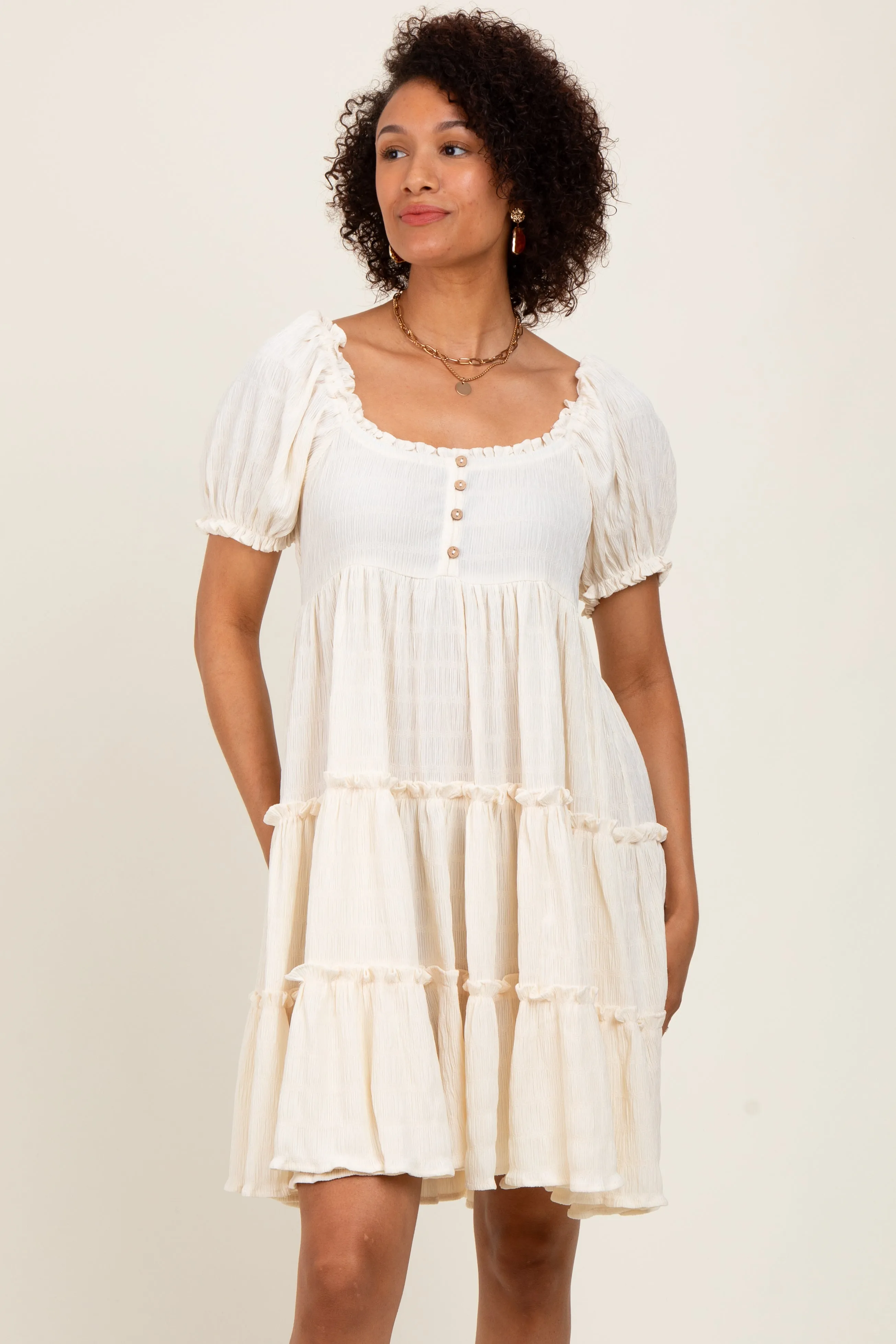 Cream Button Up Ruffle Tiered Dress sold by Pinkblush product image thumbnail 2