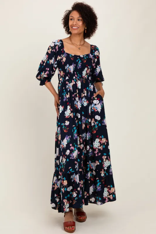 Navy Floral Sweetheart Puff Sleeve Maxi Dress sold by Pinkblush