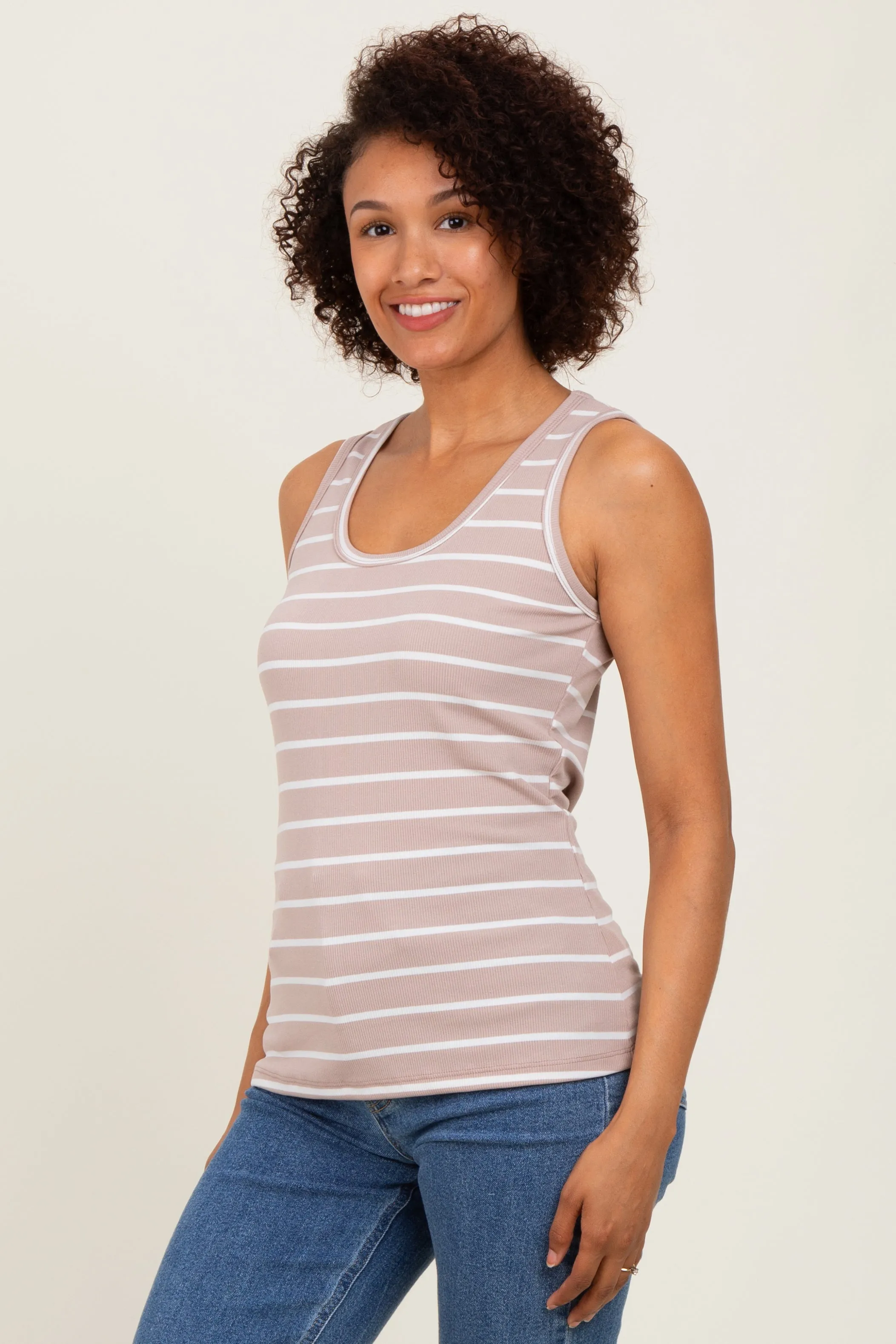 Light Taupe Striped Ribbed Fitted Tank Top sold by Pinkblush product image thumbnail 2