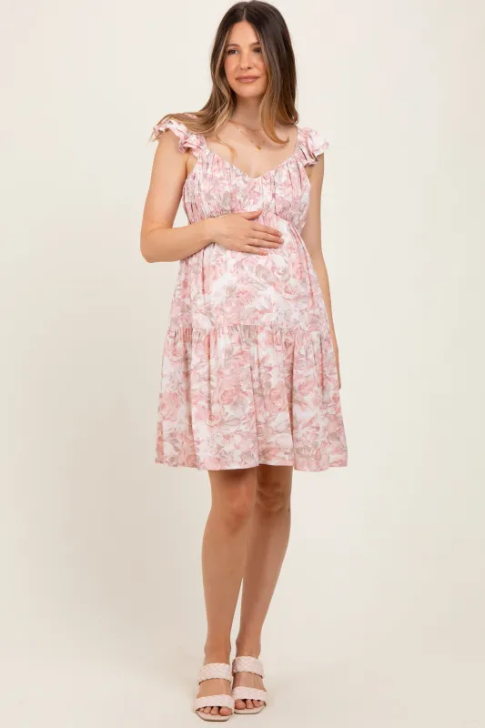 Pink Floral Ruffle Sleeve Tiered Maternity Mini Dress sold by Pinkblush