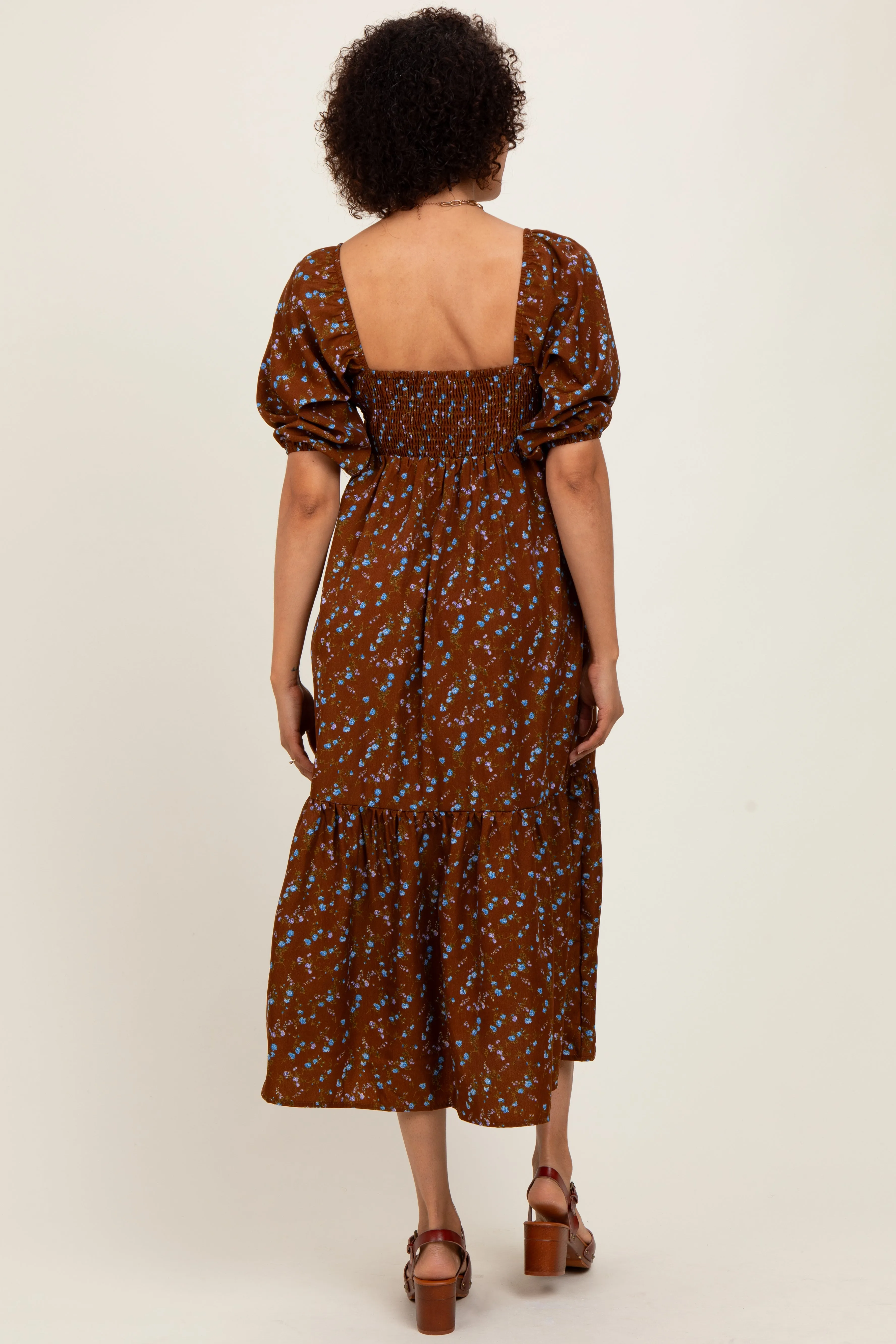 Mocha Floral Sweetheart Puff Sleeve Midi Dress sold by Pinkblush product image thumbnail 4