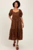 Mocha Floral Sweetheart Puff Sleeve Midi Dress sold by Pinkblush