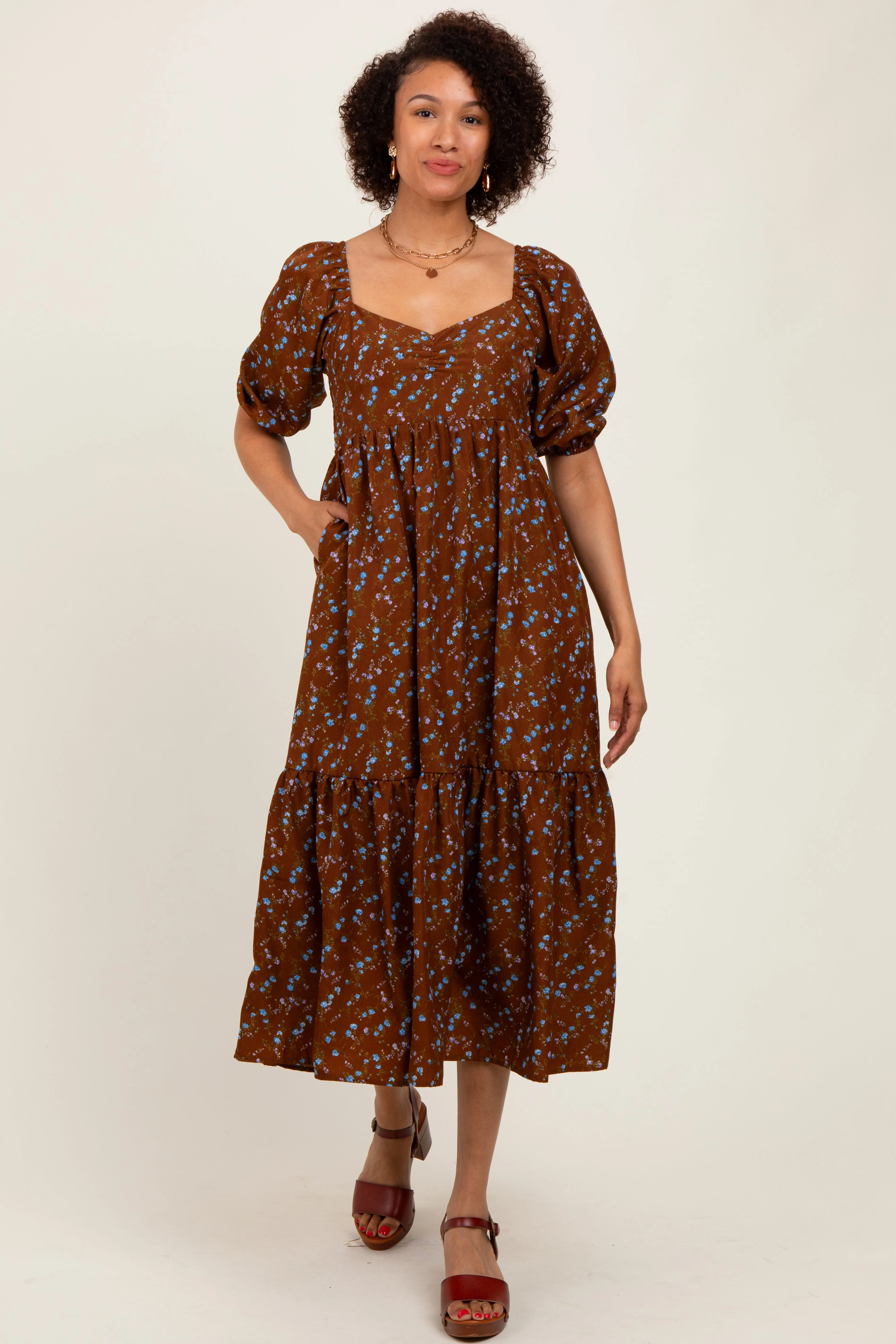 Mocha Floral Sweetheart Puff Sleeve Midi Dress sold by Pinkblush