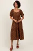 Mocha Floral Sweetheart Puff Sleeve Midi Dress sold by Pinkblush