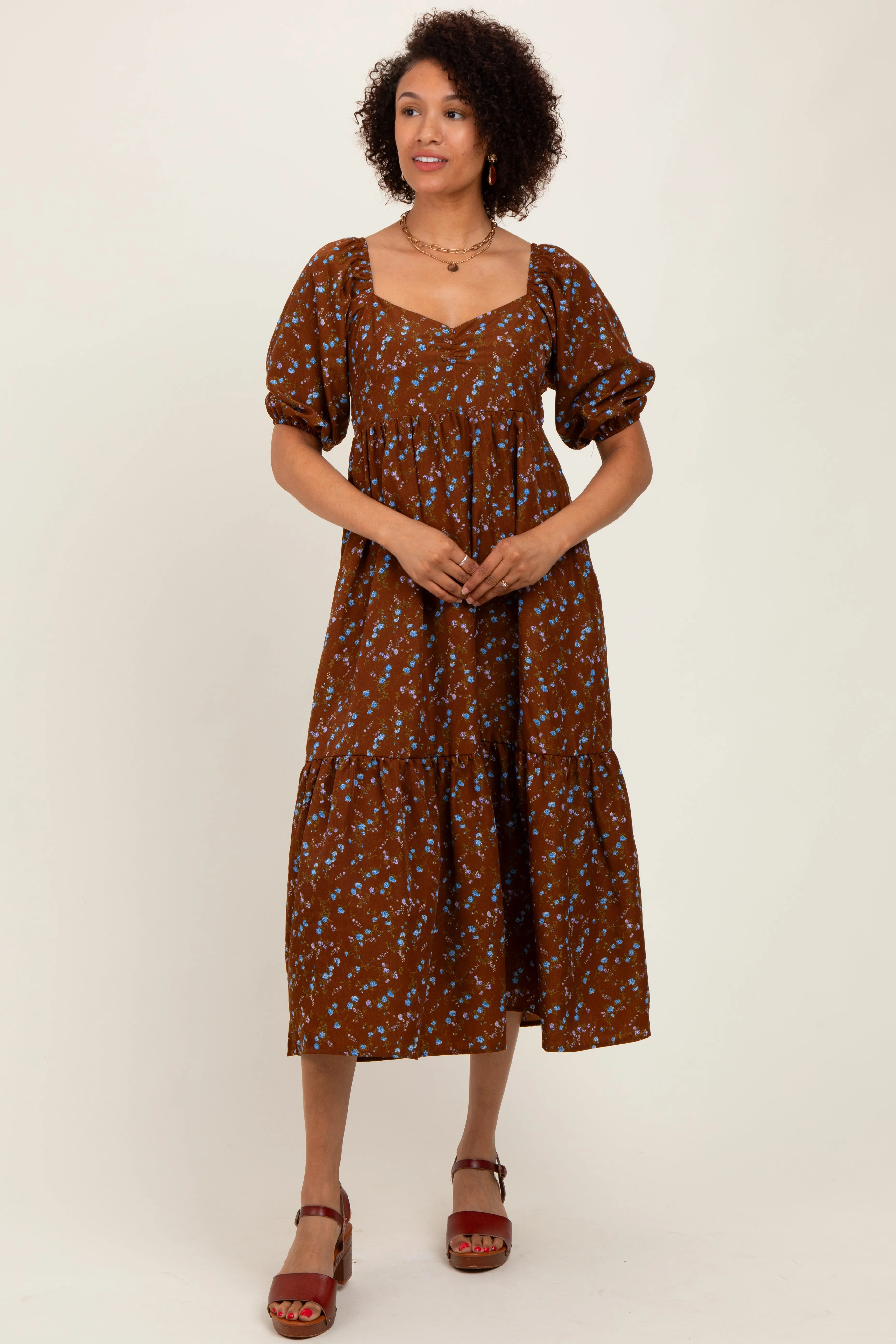 Mocha Floral Sweetheart Puff Sleeve Midi Dress sold by Pinkblush product image thumbnail 2