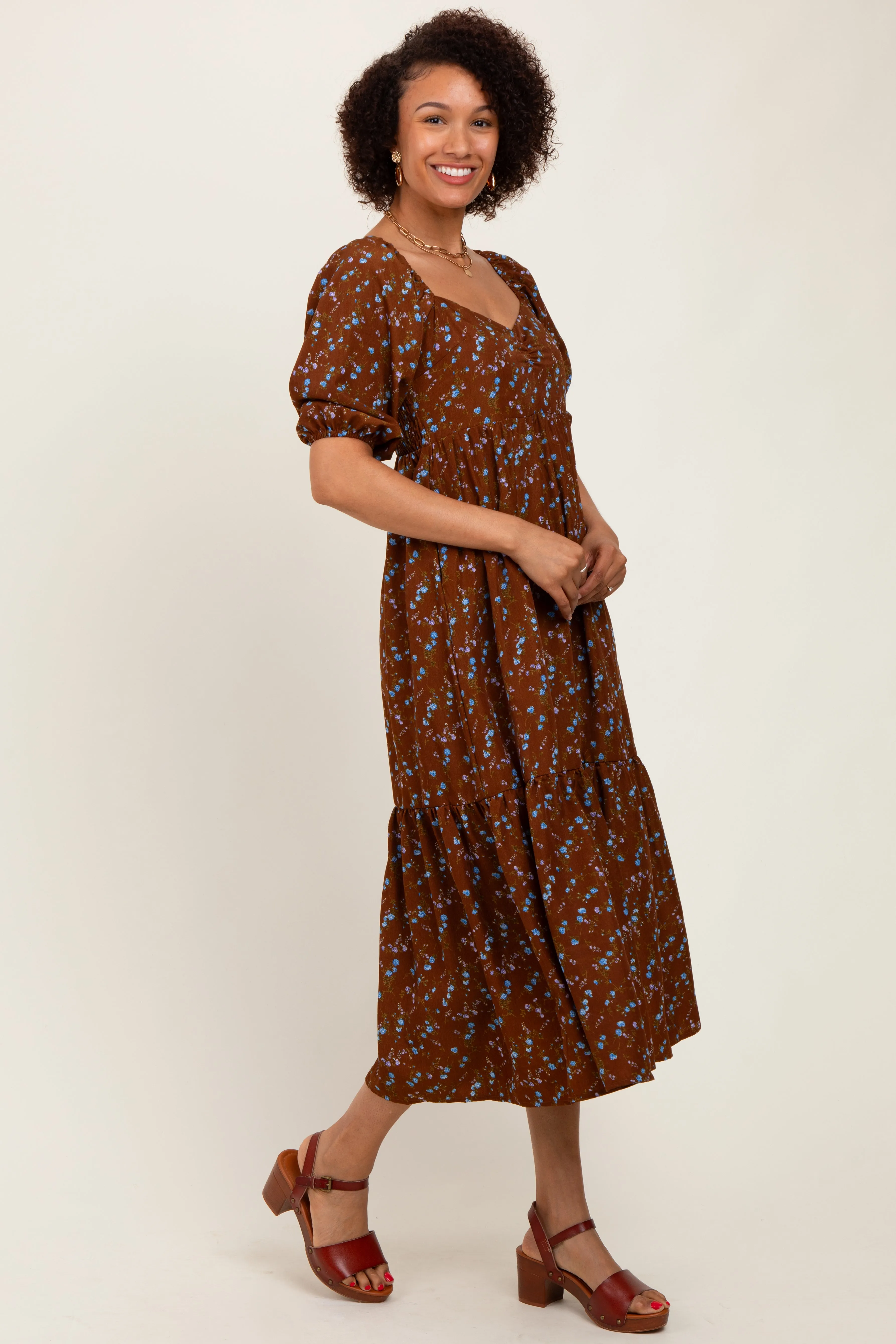 Mocha Floral Sweetheart Puff Sleeve Midi Dress sold by Pinkblush product image thumbnail 3