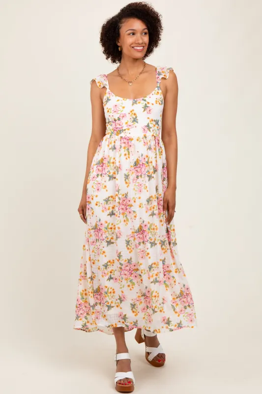 Cream Floral Cutout Tie Back Midi Dress sold by Pinkblush