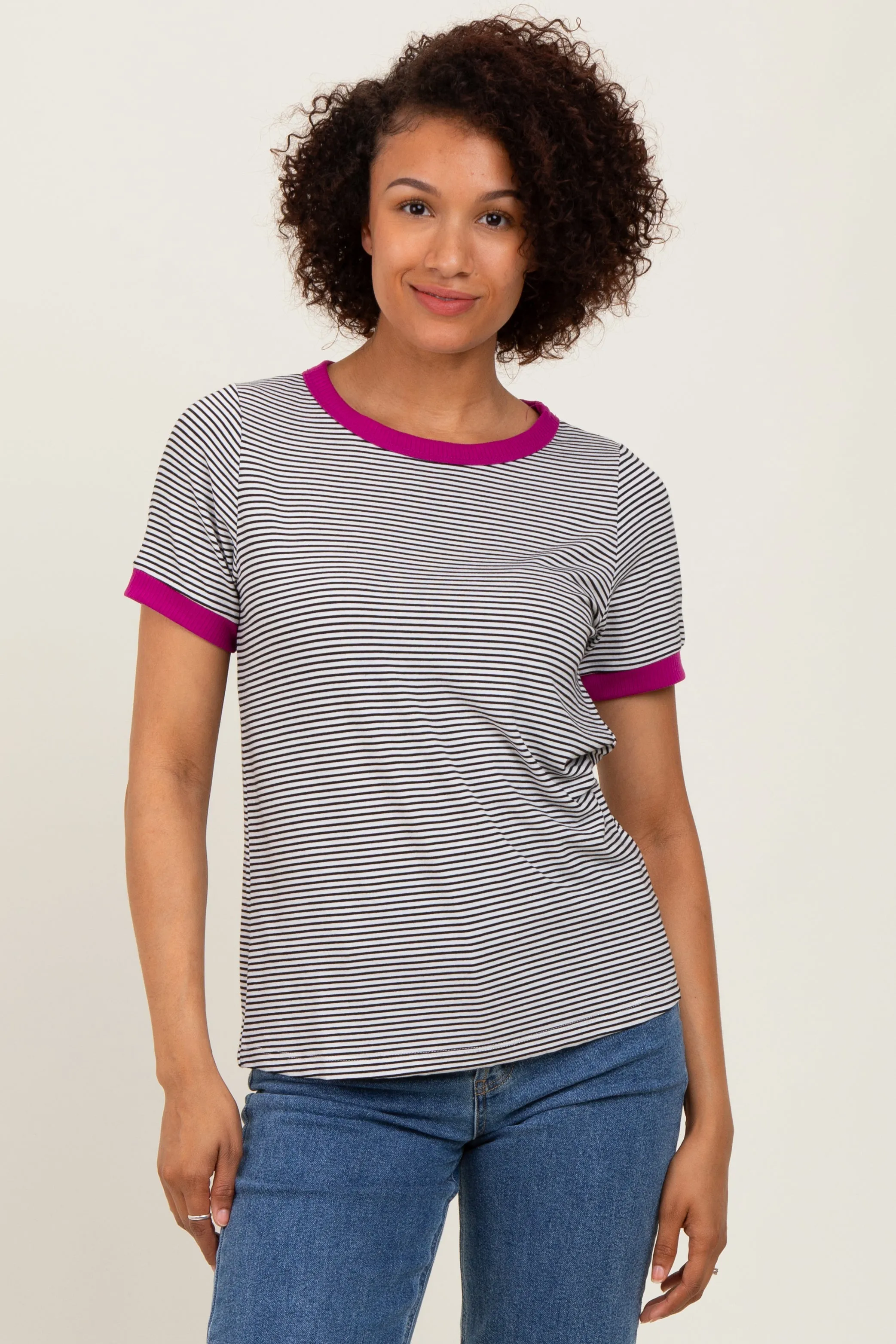 Ivory Pinstripe Contrast Trim Tee sold by Pinkblush
