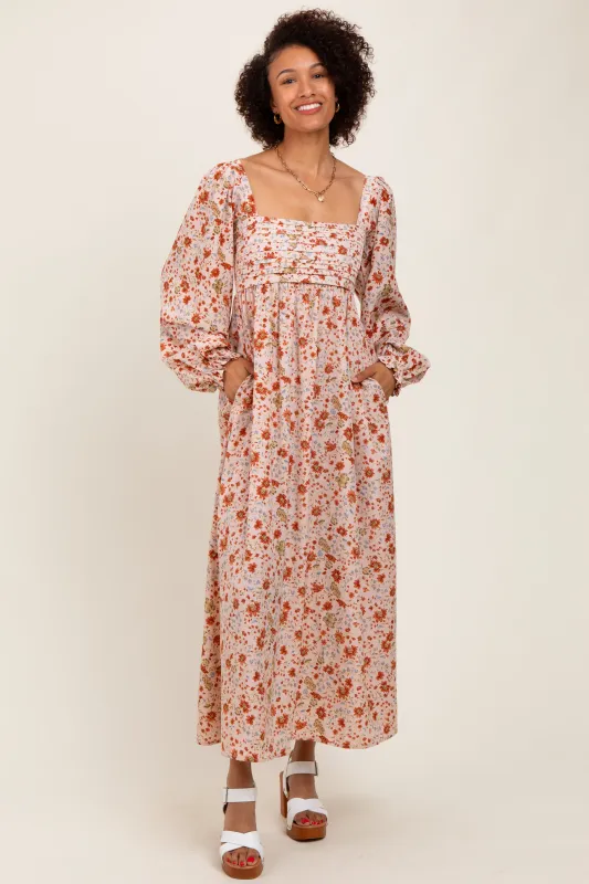 Cream Floral Pleated Bust Long Sleeve Maxi Dress sold by Pinkblush