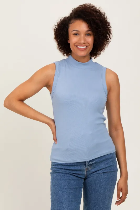 Blue Knit Mock Neck Sleeveless Top sold by Pinkblush