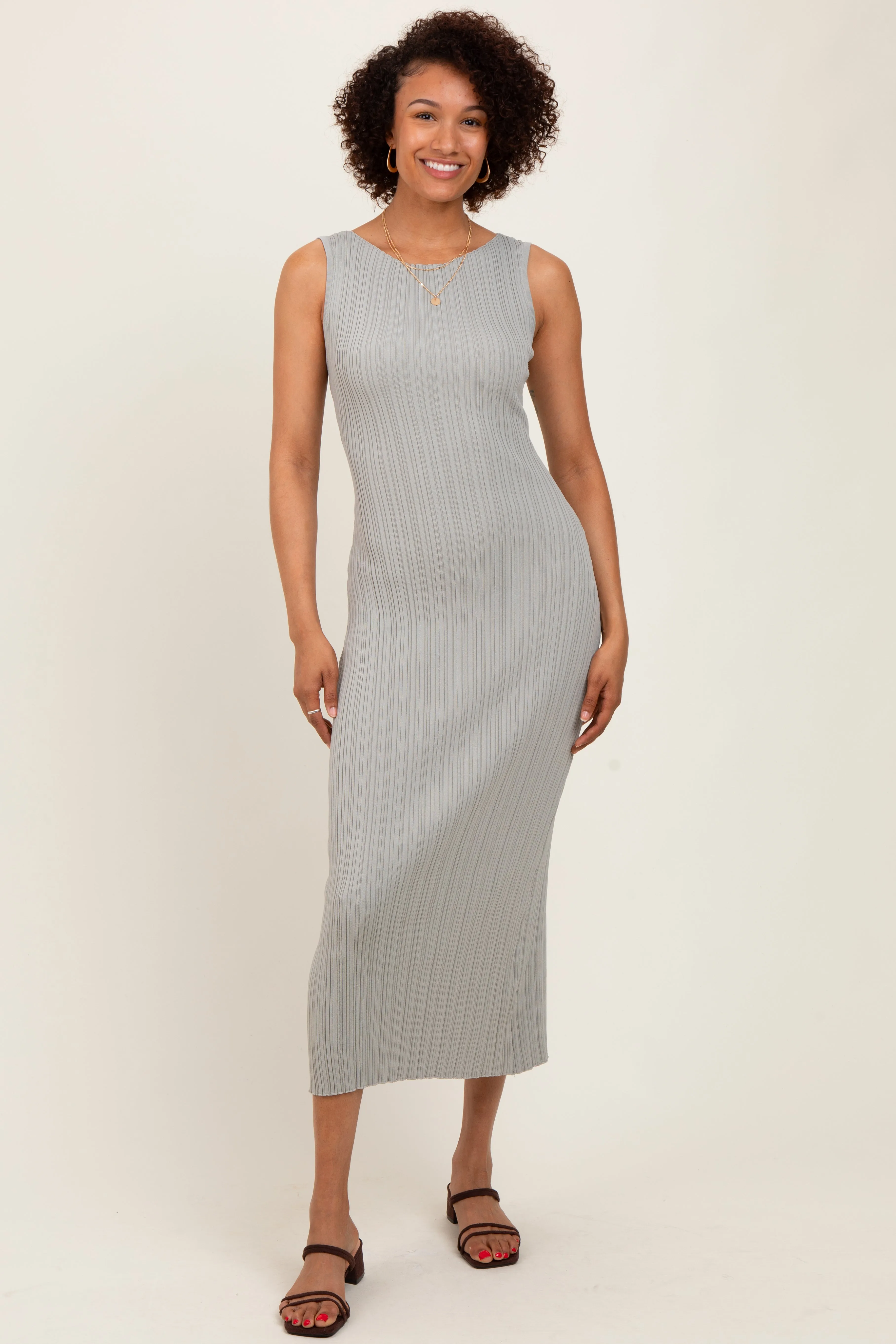 Light Olive Sleeveless Ribbed Maxi Dress sold by Pinkblush product image thumbnail 2