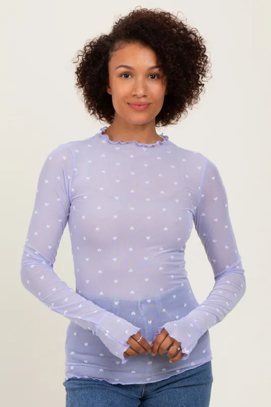 Lavender Mesh Heart High Neck Long Sleeve Top sold by Pinkblush