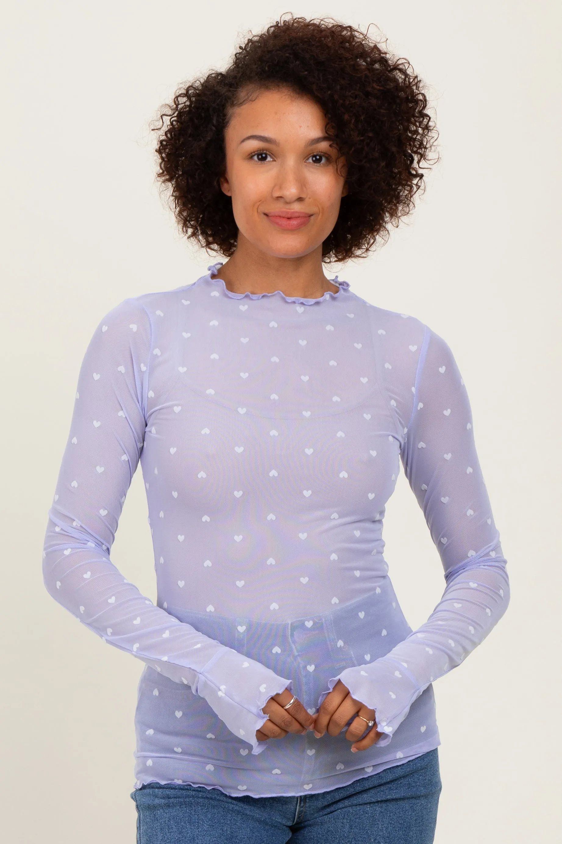 Lavender Mesh Heart High Neck Long Sleeve Top sold by Pinkblush