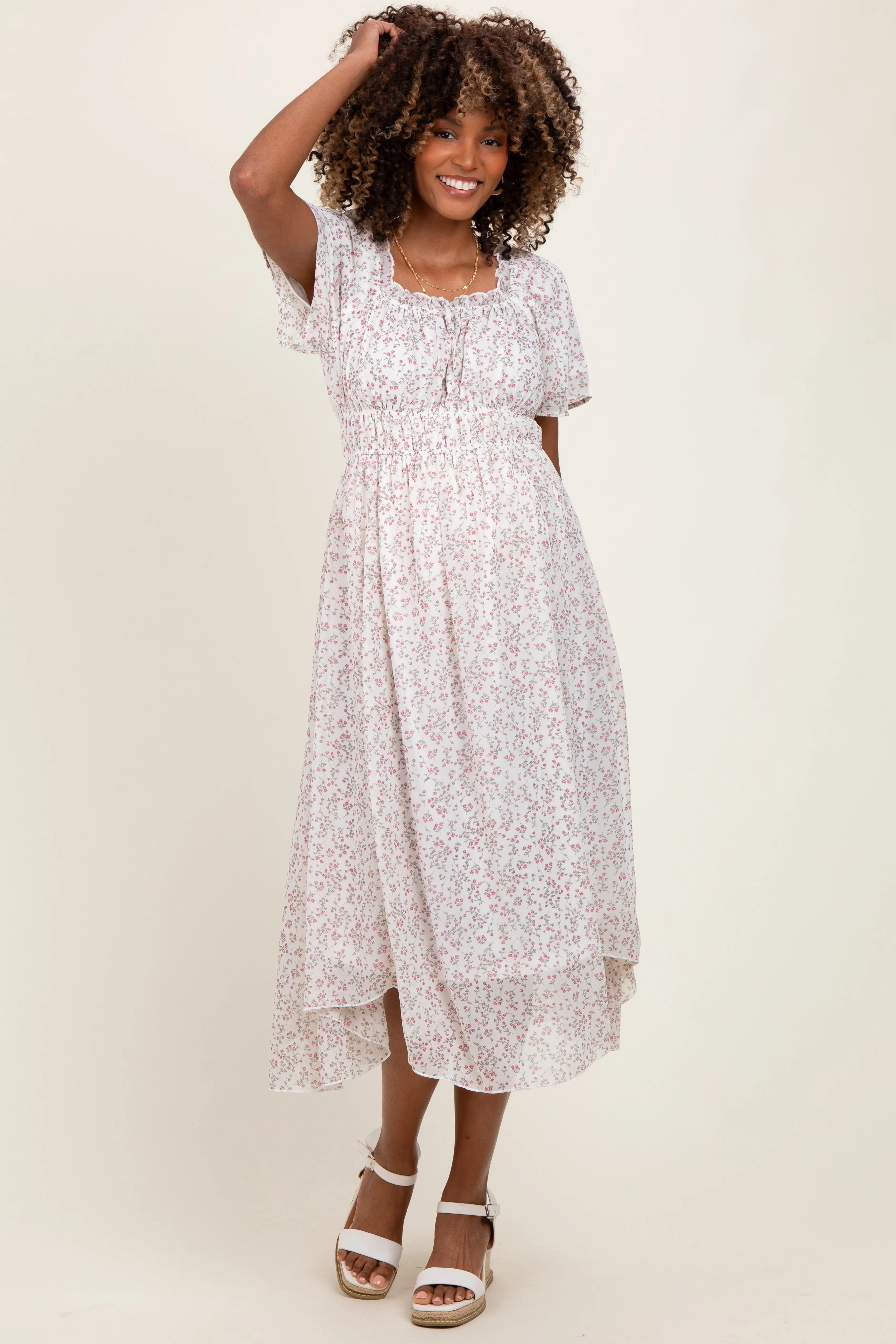 Ivory Floral Square Neck Front Tie Maternity Midi Dress sold by Pinkblush