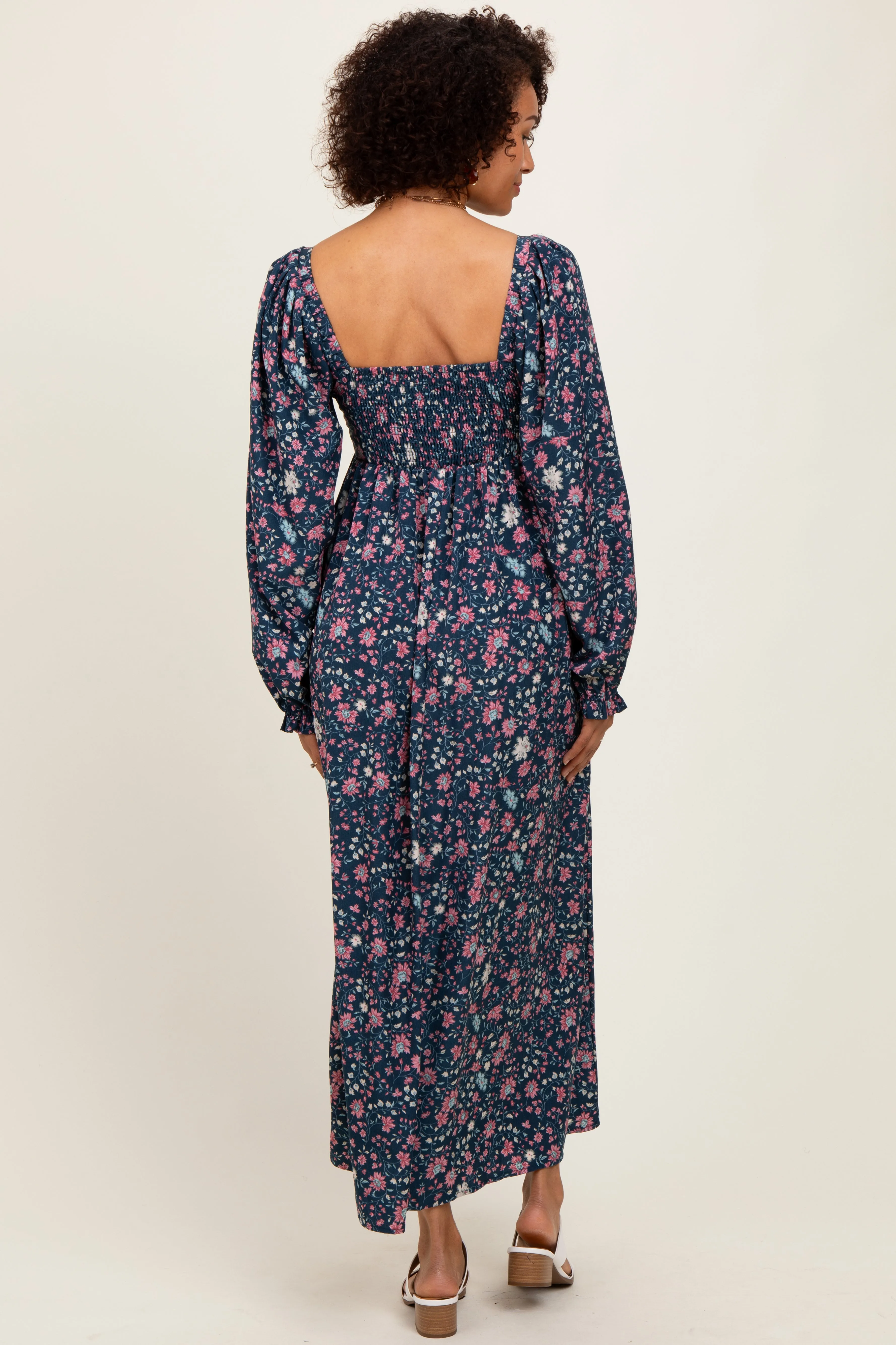 Navy Blue Floral Pleated Bust Long Sleeve Maxi Dress sold by Pinkblush product image thumbnail 3