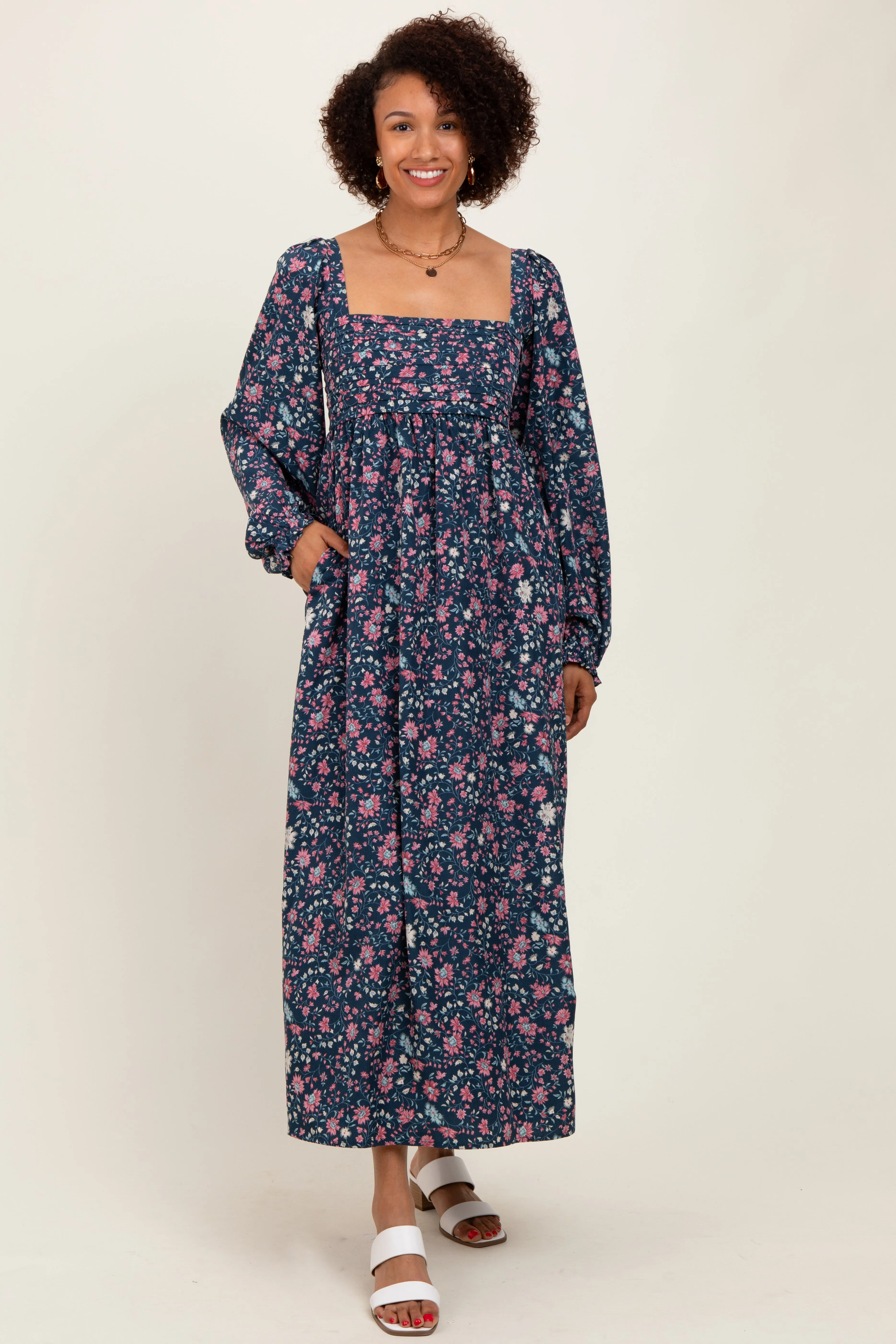 Navy Blue Floral Pleated Bust Long Sleeve Maxi Dress sold by Pinkblush