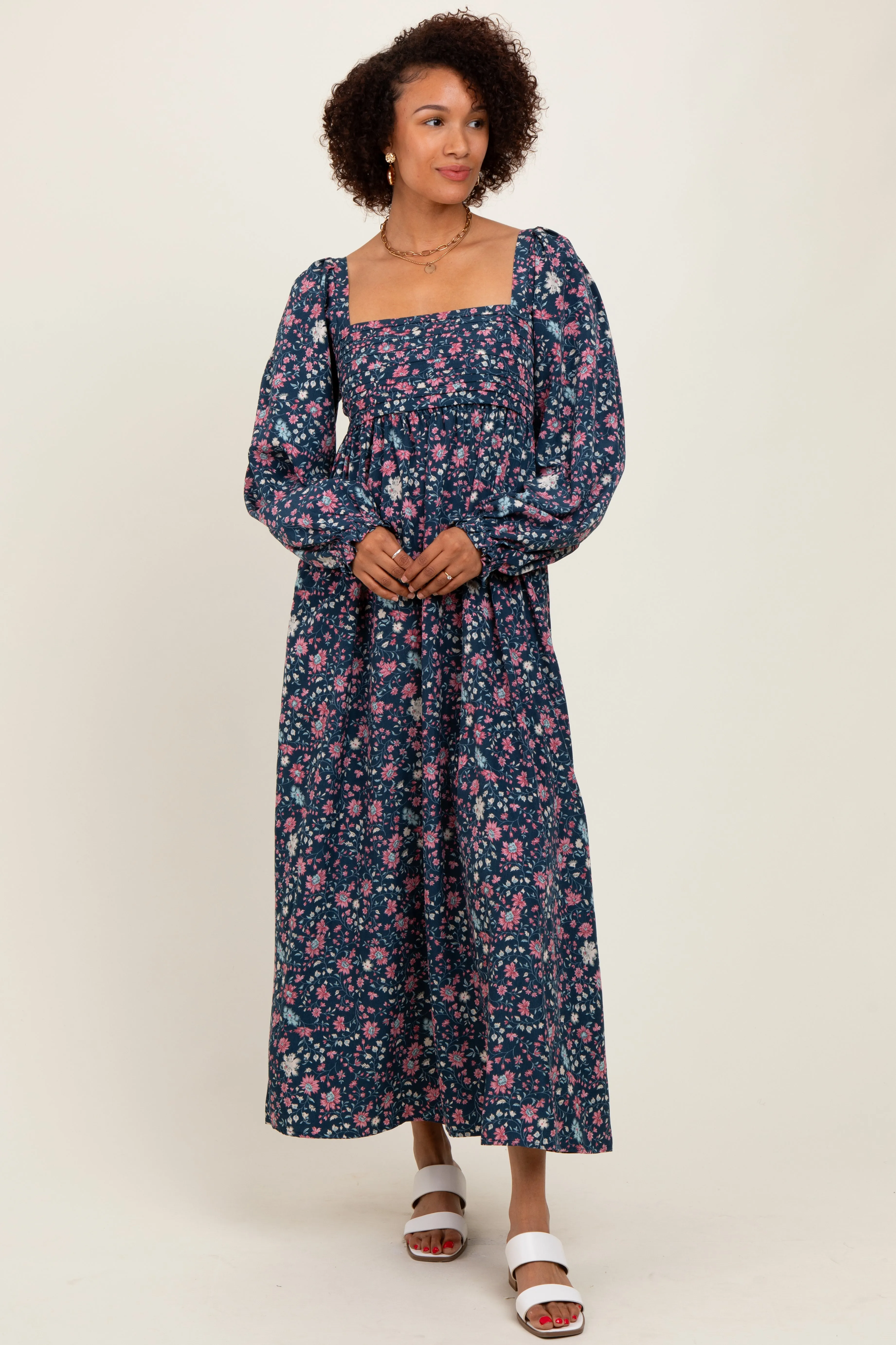 Navy Blue Floral Pleated Bust Long Sleeve Maxi Dress sold by Pinkblush product image thumbnail 2