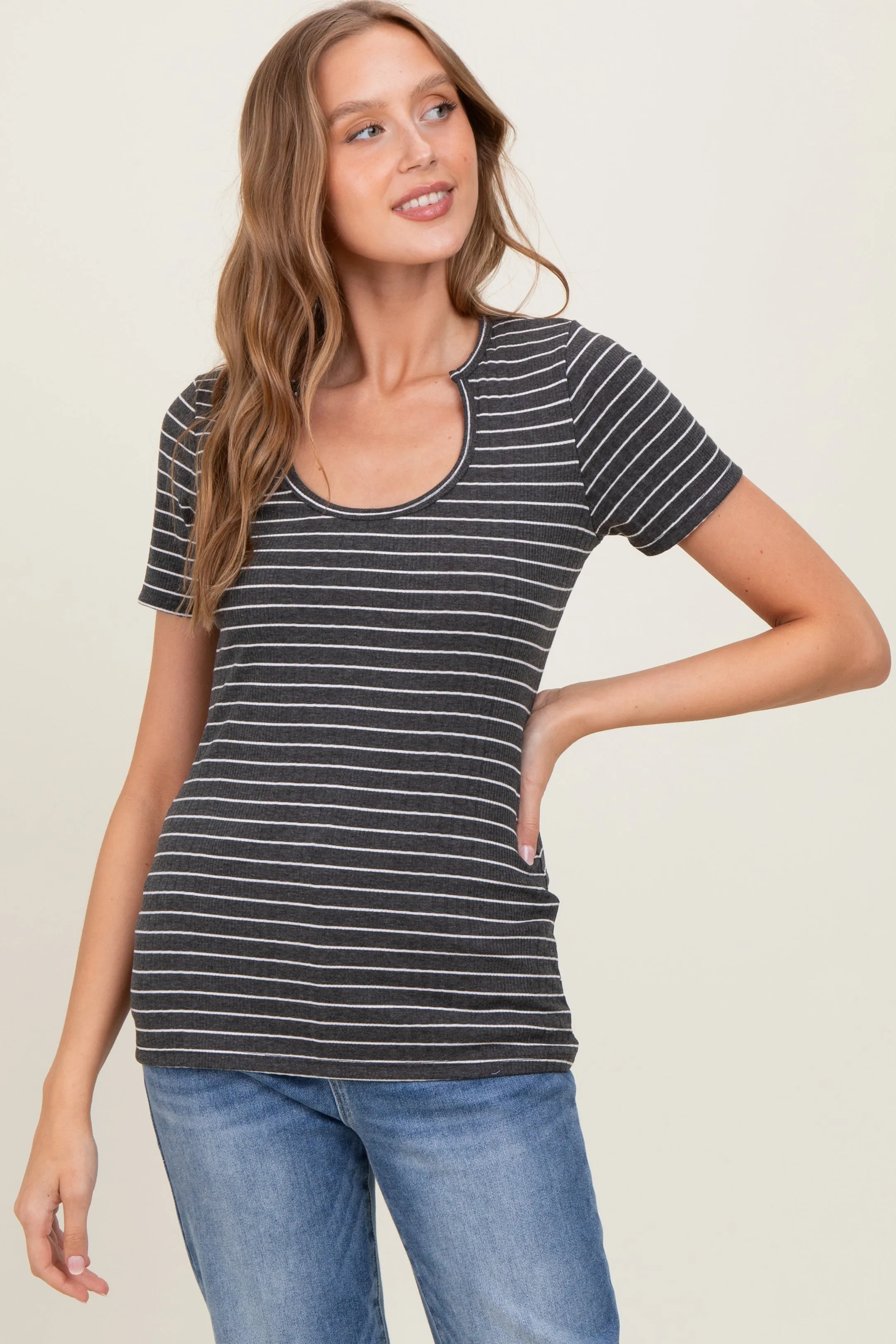 Charcoal Ribbed Striped Short Sleeve Maternity Top sold by Pinkblush product image thumbnail 4