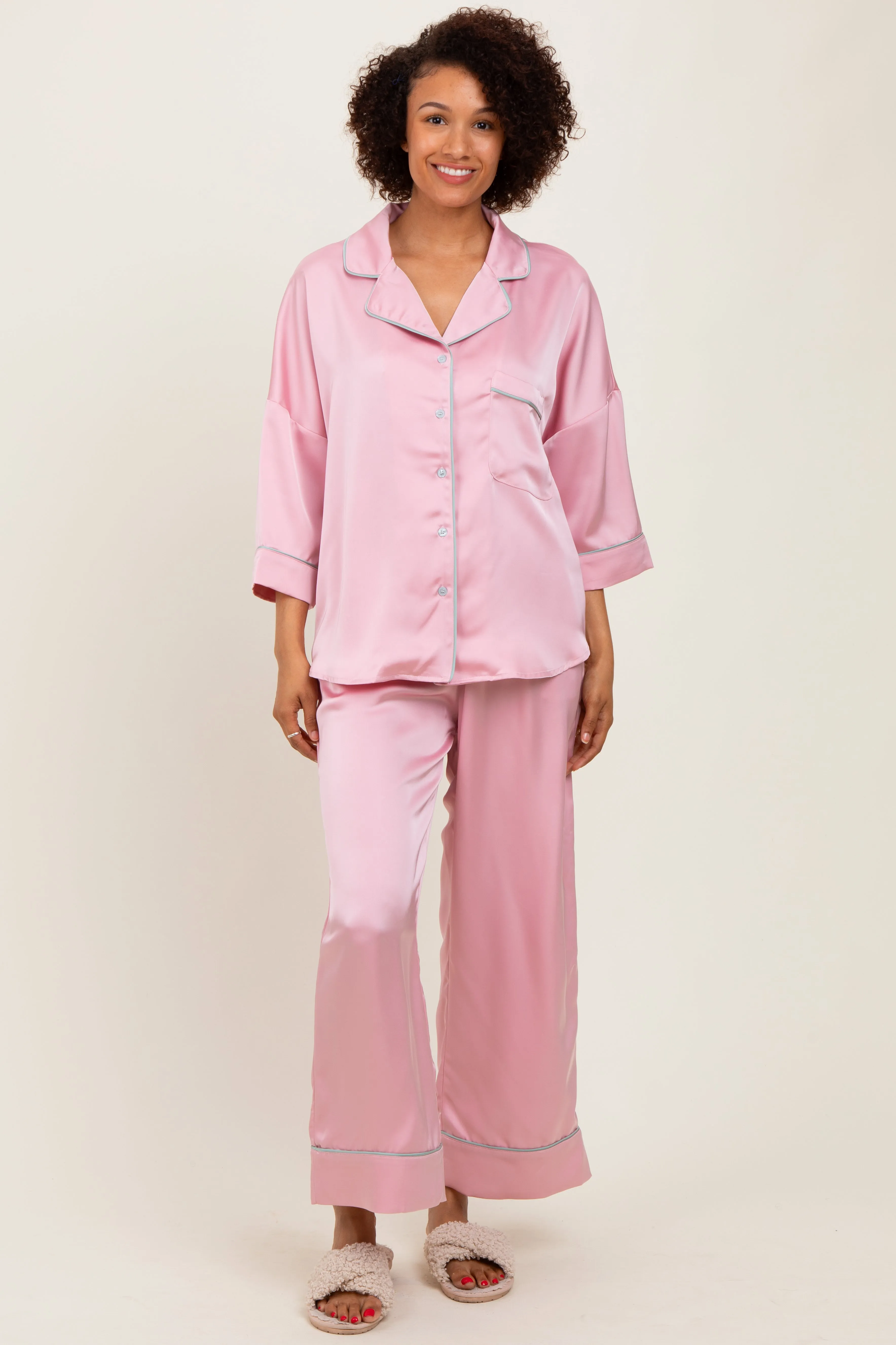 Pink Satin Contrast Trim Pajama Pant Set sold by Pinkblush