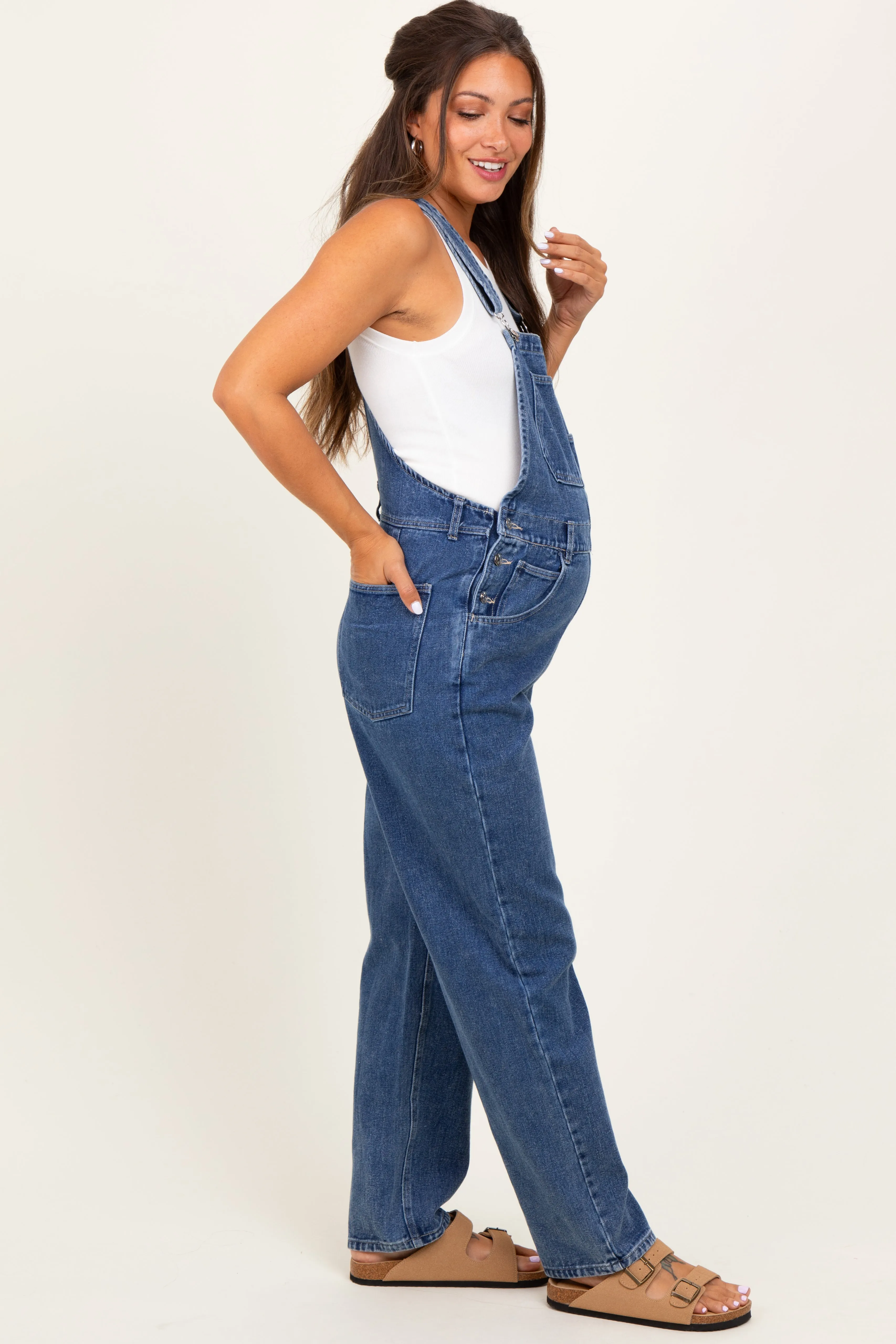 Blue Wash Rolled Cuff Maternity Denim Overalls sold by Pinkblush product image thumbnail 3