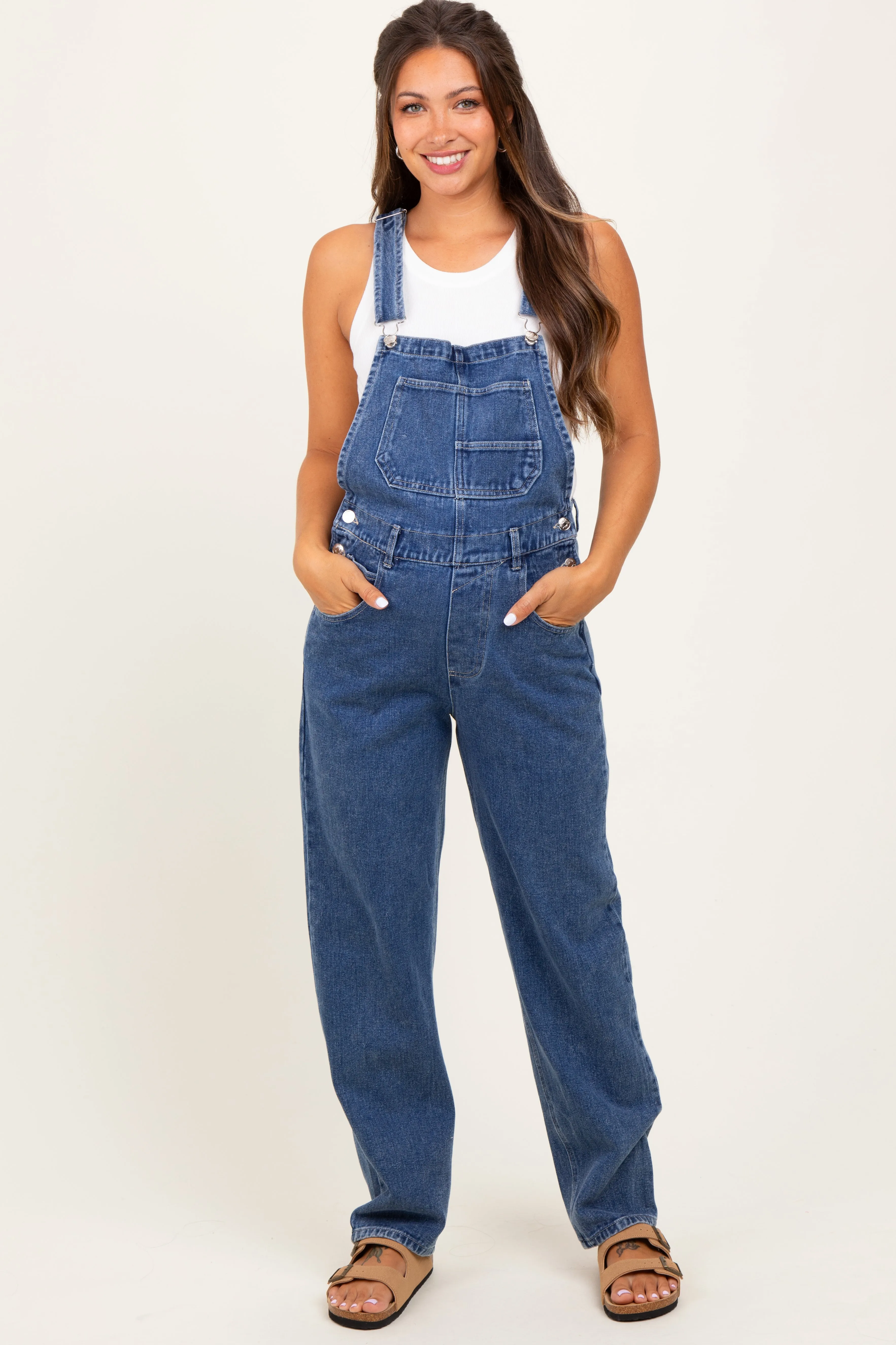 Blue Wash Rolled Cuff Maternity Denim Overalls sold by Pinkblush