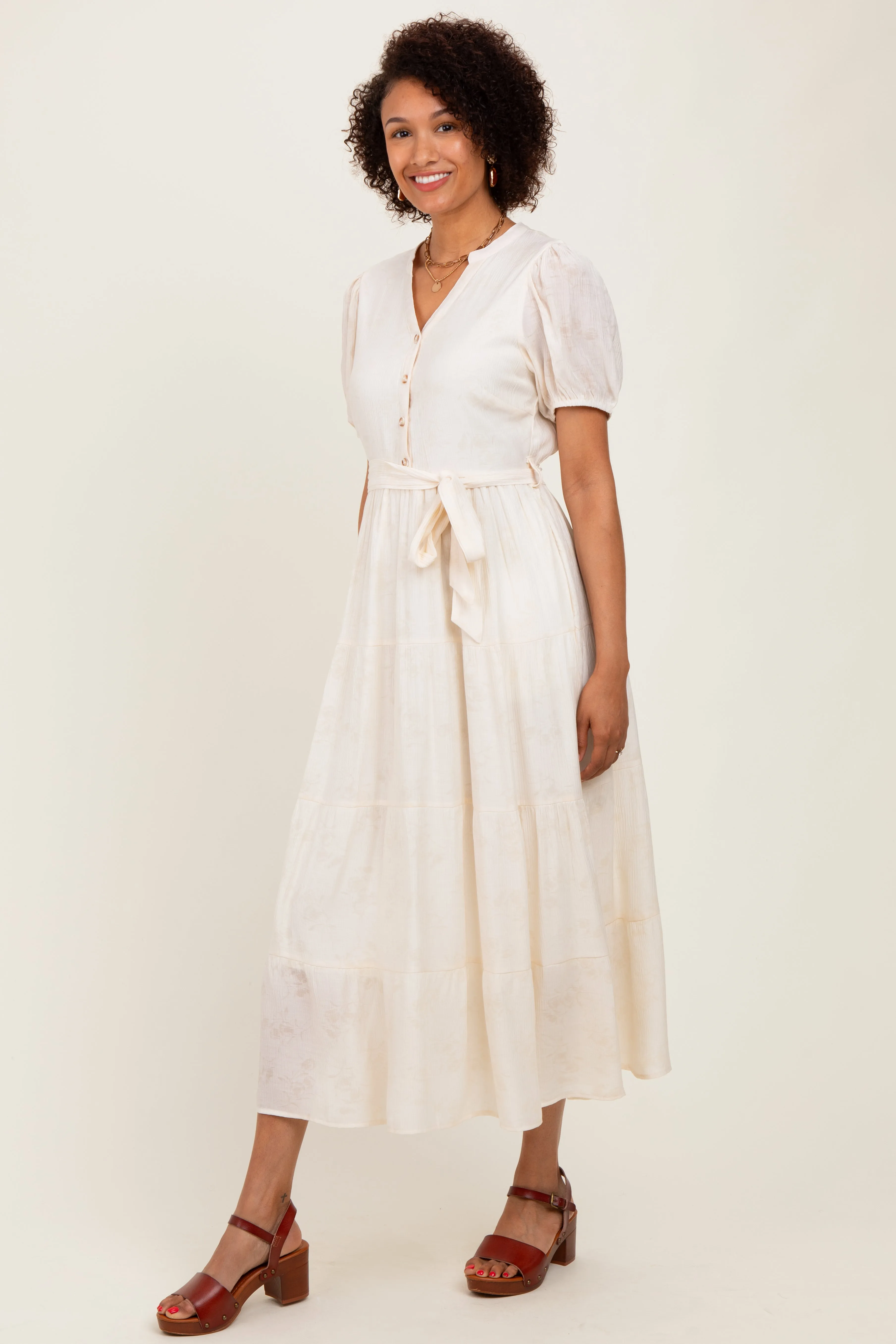Cream Split Neckline Tiered Midi Dress sold by Pinkblush product image thumbnail 2