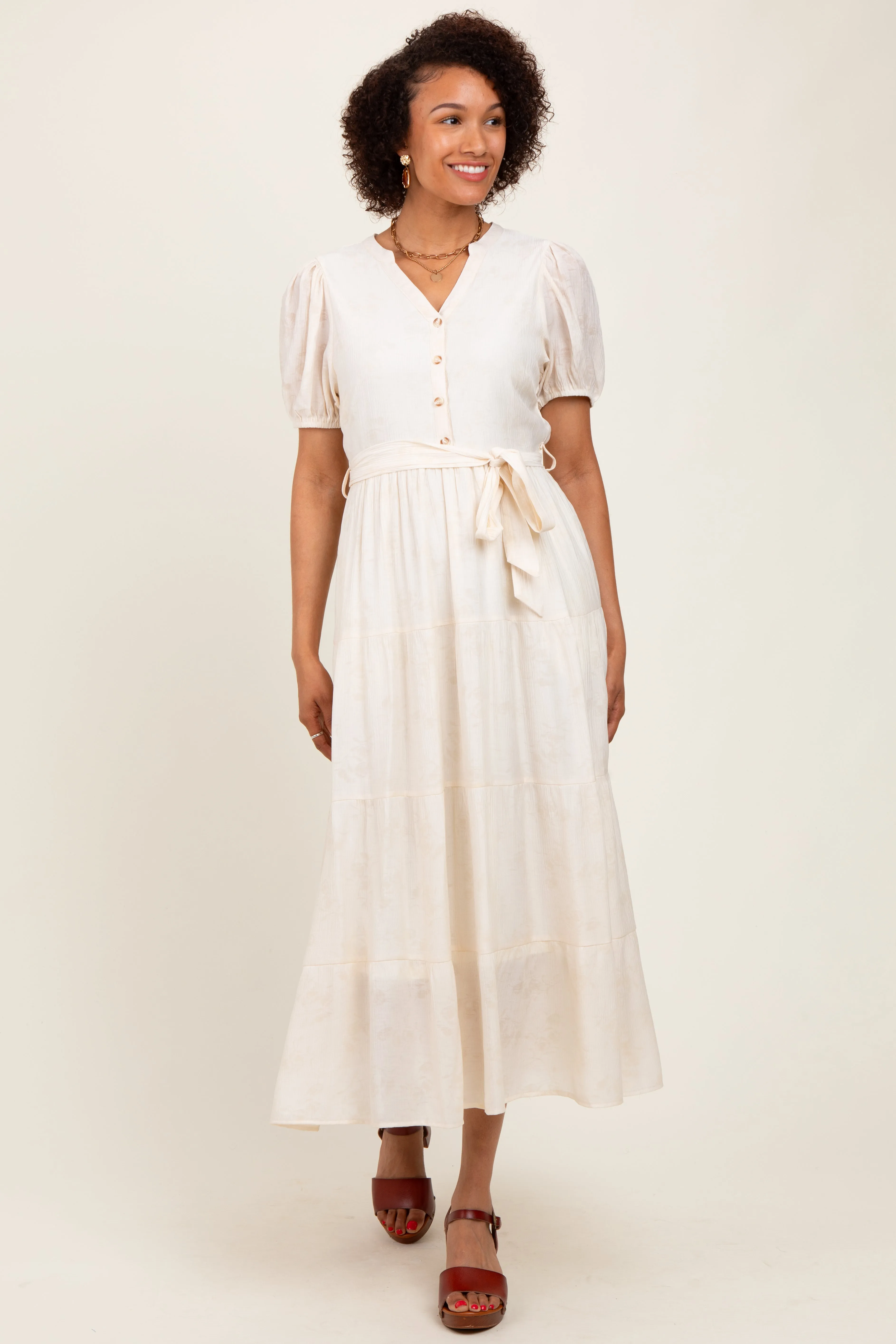 Cream Split Neckline Tiered Midi Dress sold by Pinkblush