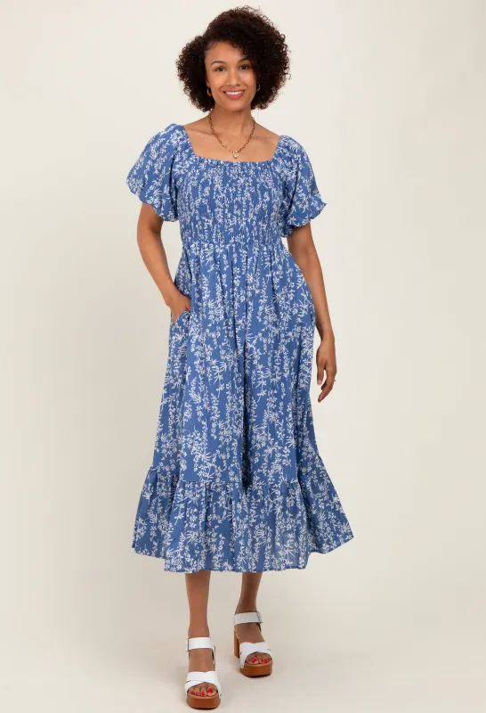 Blue Leaf Print Smocked Midi Dress sold by Pinkblush