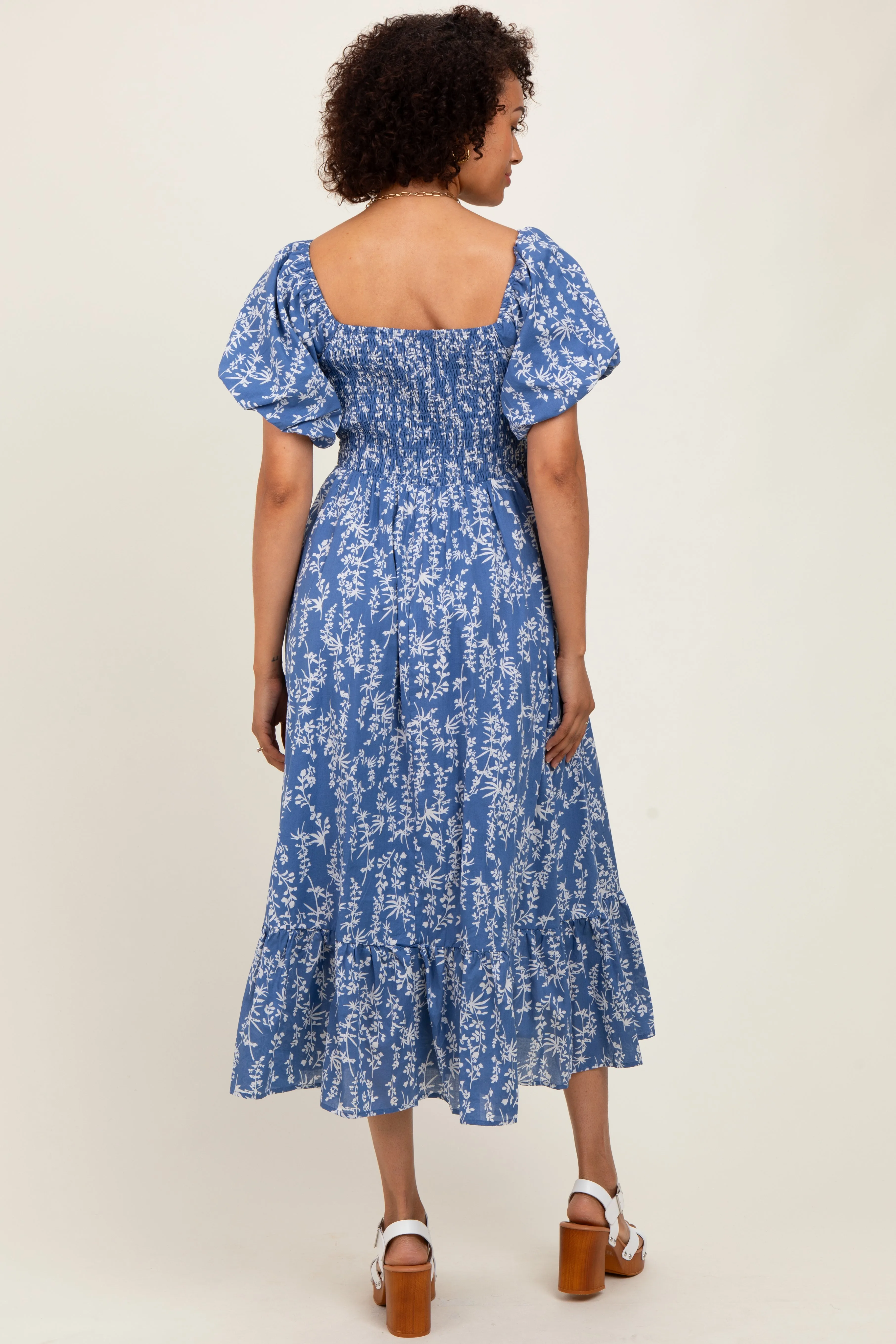 Blue Leaf Print Smocked Midi Dress sold by Pinkblush product image thumbnail 2