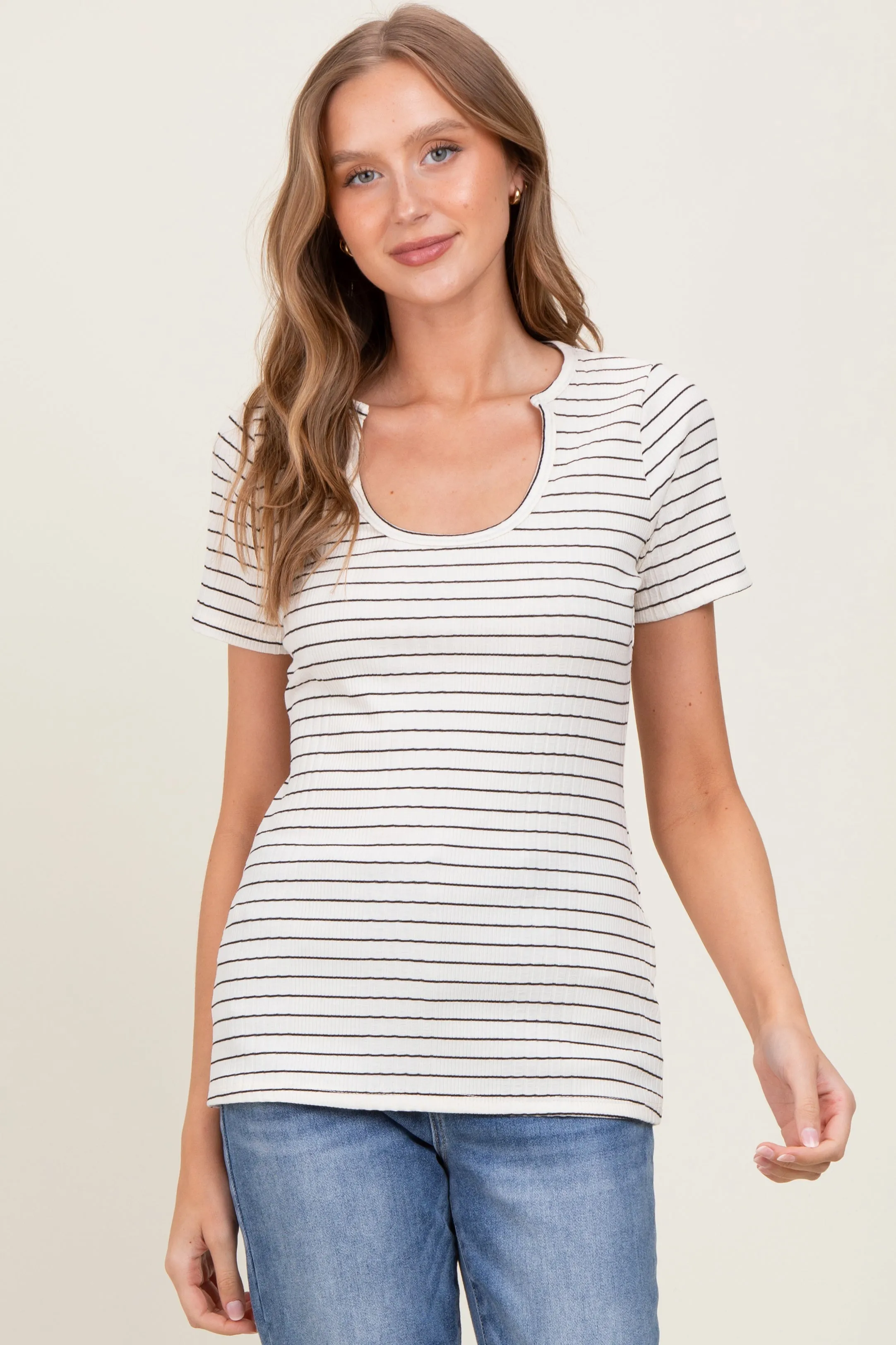 Cream Ribbed Striped Short Sleeve Maternity Top sold by Pinkblush product image thumbnail 4